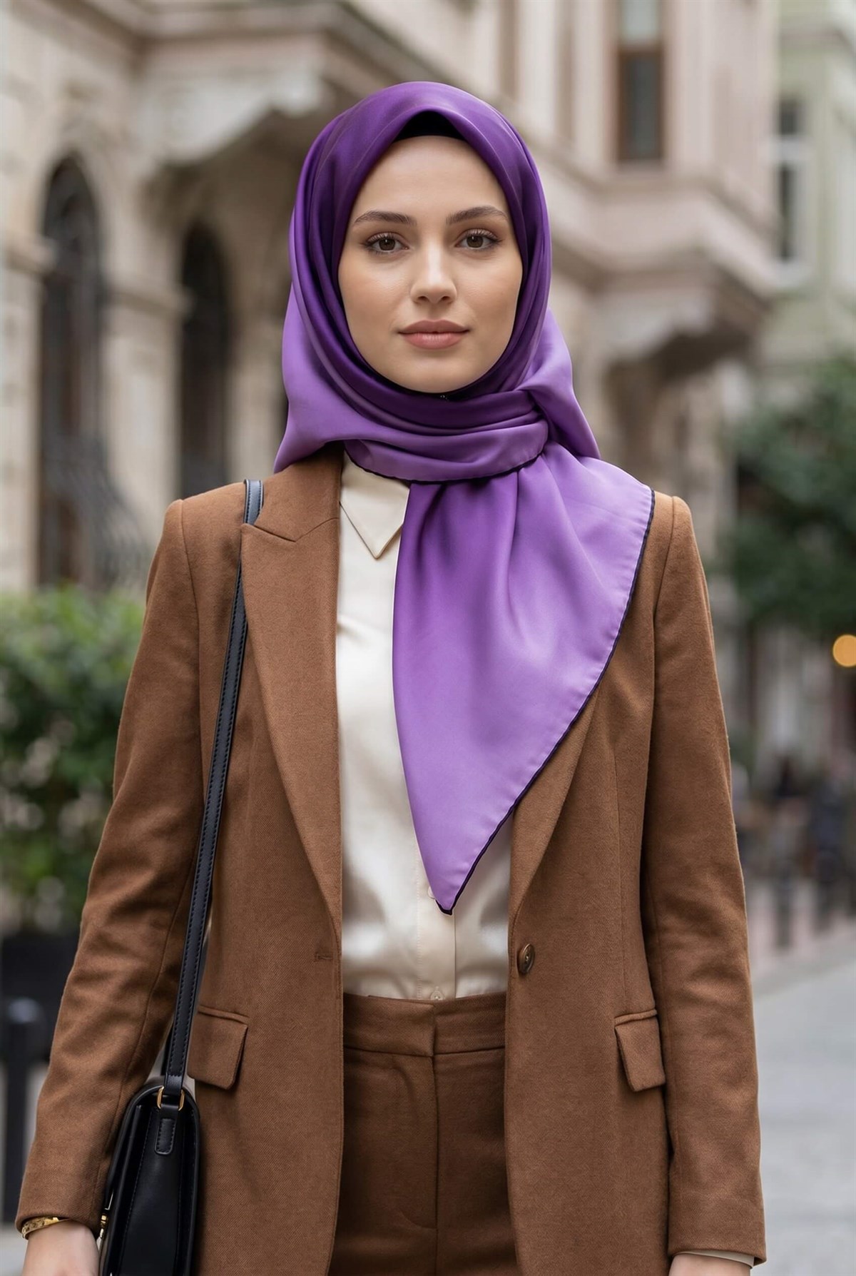 %100 Twill İpek Degrade Desenli Mürdüm Renkli 90x90 Eşarp Dikim Şekli : El Dikişi