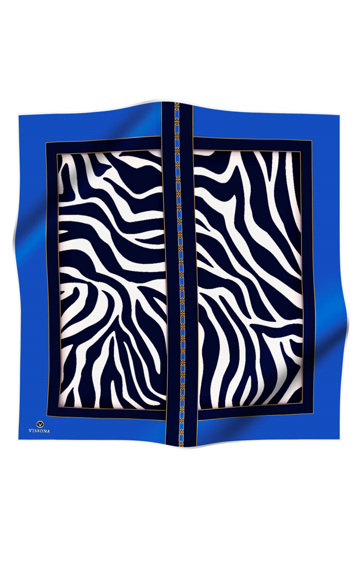 %100 Twill İpek Zebra Desenli Saks - Lacivert  Renkli 90x90 Eşarp Kenar Dikiş Şekli El Dikişli