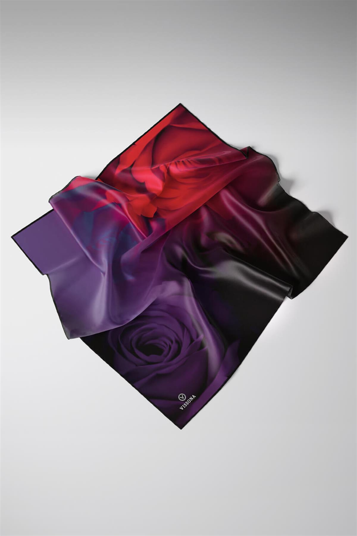 %100 Twill İpek Gül Desenli Kırmızı - Lacivert Renkli 90x90 Eşarp Dikim Şekli : El Dikişi