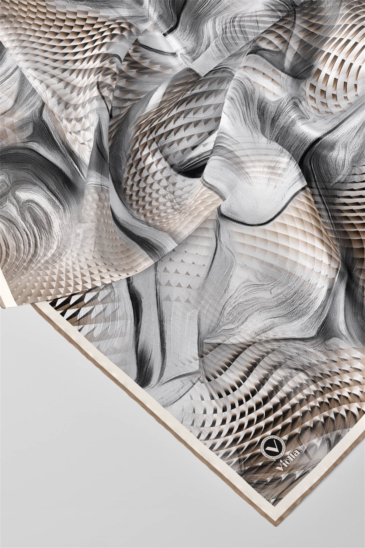 Twill Geometrik Ve Dalga Desenli Bej Renkli 90x90 Eşarp (İpek İçermez) Dikim Şekli : El Dikişi