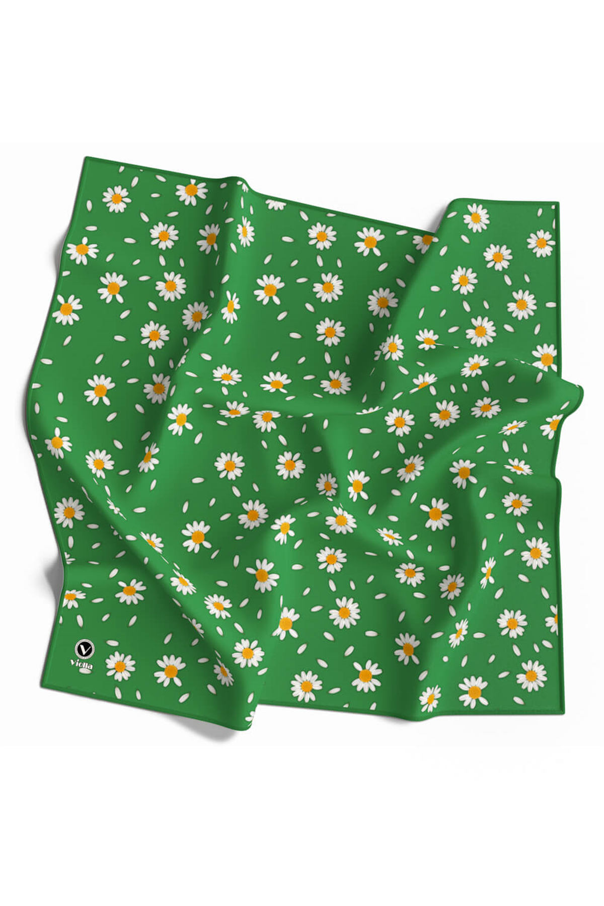Twill Papatya Desenli Benetton Yeşili Renkli 90x90 Eşarp (İpek İçermez) Kenar Dikiş Şekli El Dikişli