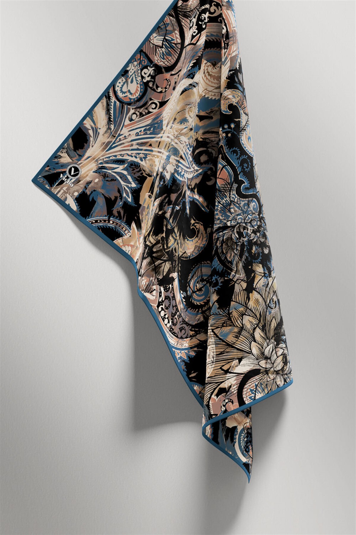 Twill Şal Desenli Petrol Yeşili Renkli 90x90 Eşarp (İpek İçermez) Kenar Dikiş Şekli El Dikişli