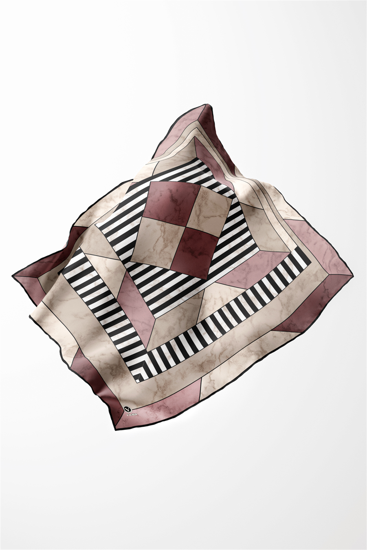 Twill Çizgili Geometrik Mermer Desenli Pudra Renkli 90x90 Eşarp (İpek İçermez) Kenar Dikiş Şekli El Dikişli