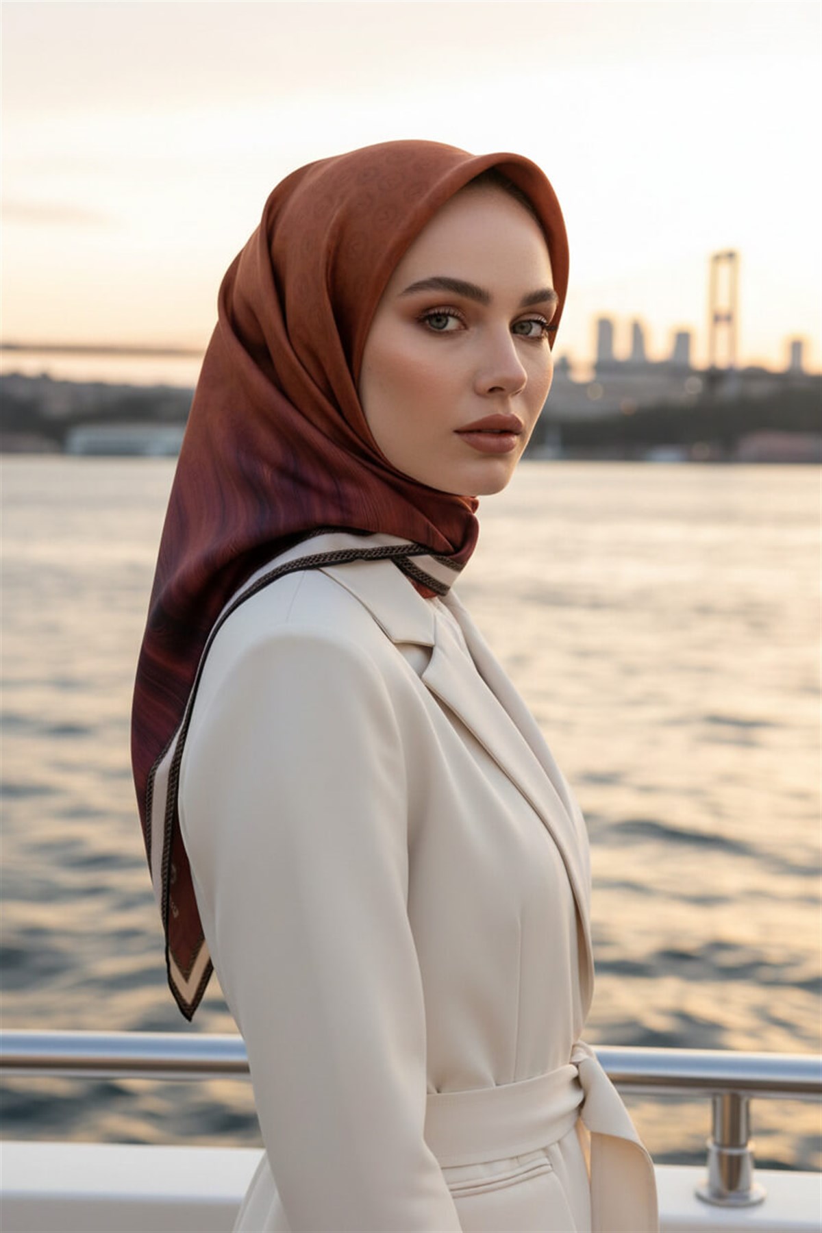 100% Twill İpek Monogram Desenli Taba Renkli 90x90 Dikim Şekli : El Dikişi Eşarp