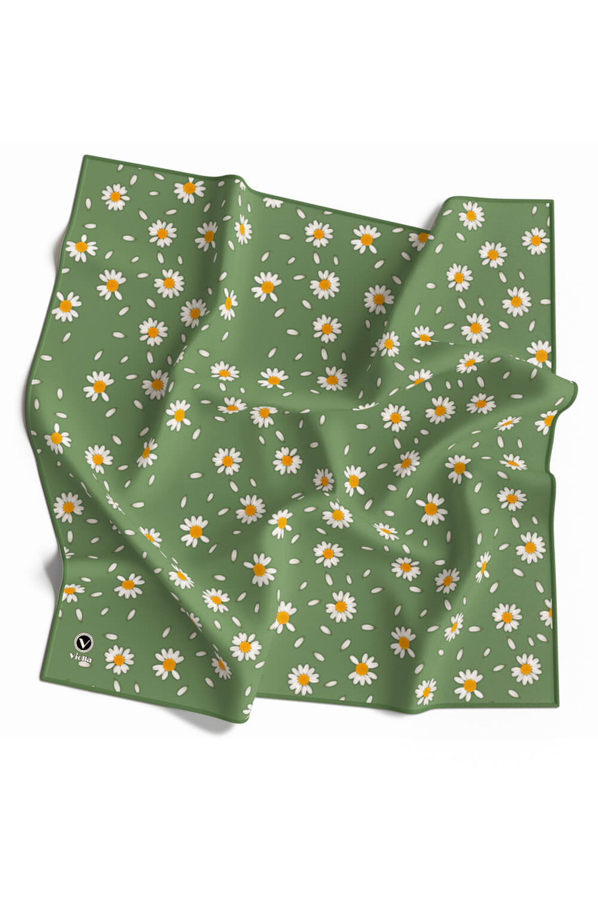 Twill Papatya Desenli Koyu Mint Yeşili Renkli 90x90 Eşarp (İpek İçermez) Kenar Dikiş Şekli El Dikişli