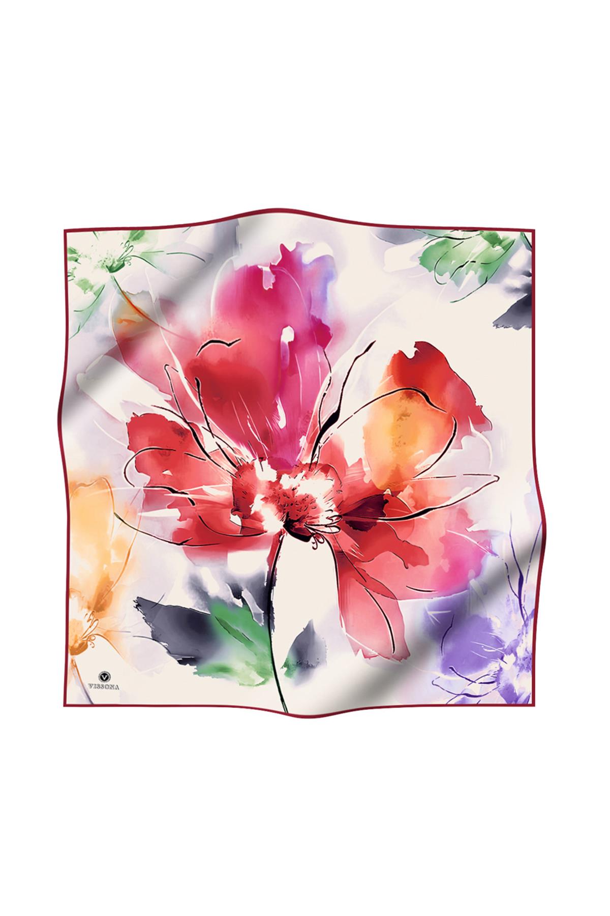 %100 Twill İpek Sulu Boya Çiçek Desenli Kırmızı - Fuşya Renkli 90x90 Eşarp Dikim Şekli : El Dikişi