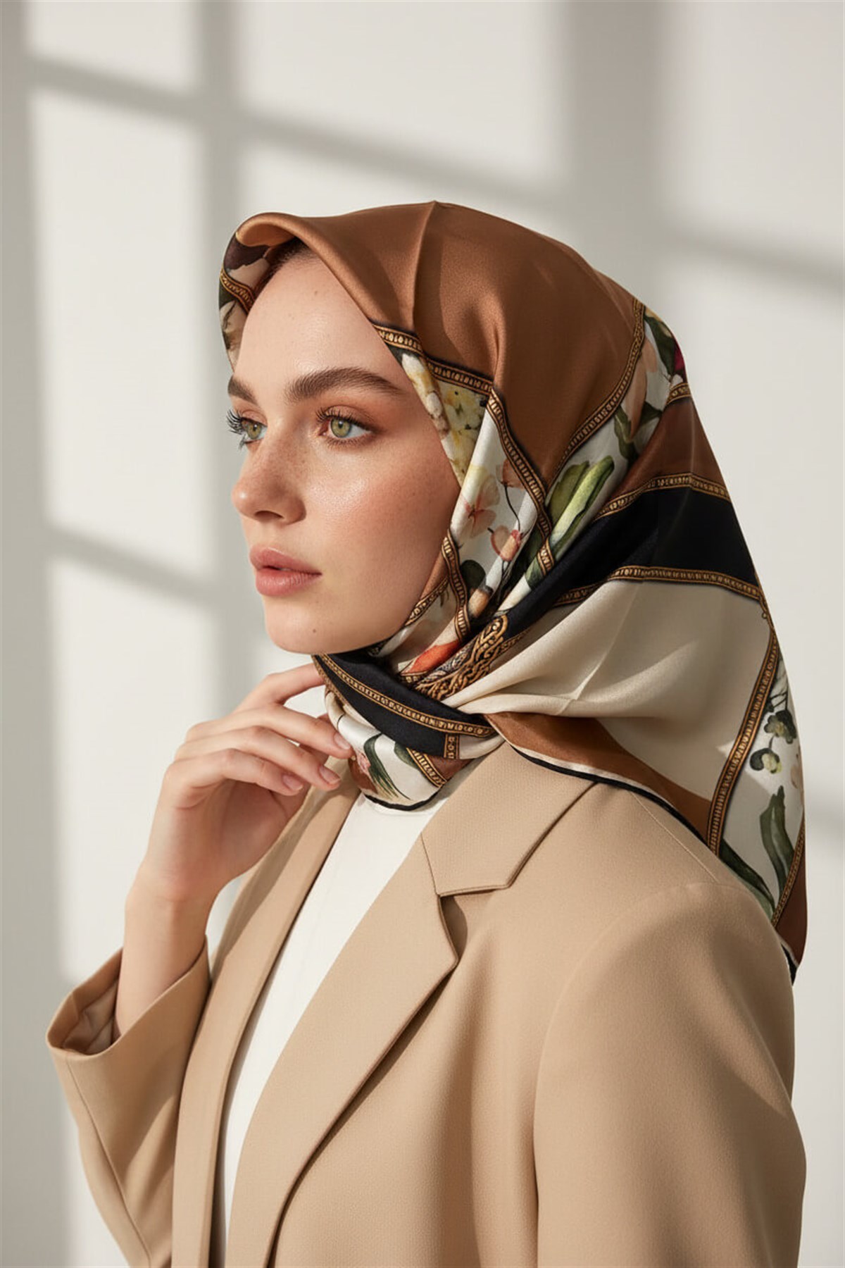 100% Twill İpek Şeritli Çiçek Desenli Bakır - Krem Renkli 90x90 Dikim Şekli : El Dikişi Eşarp