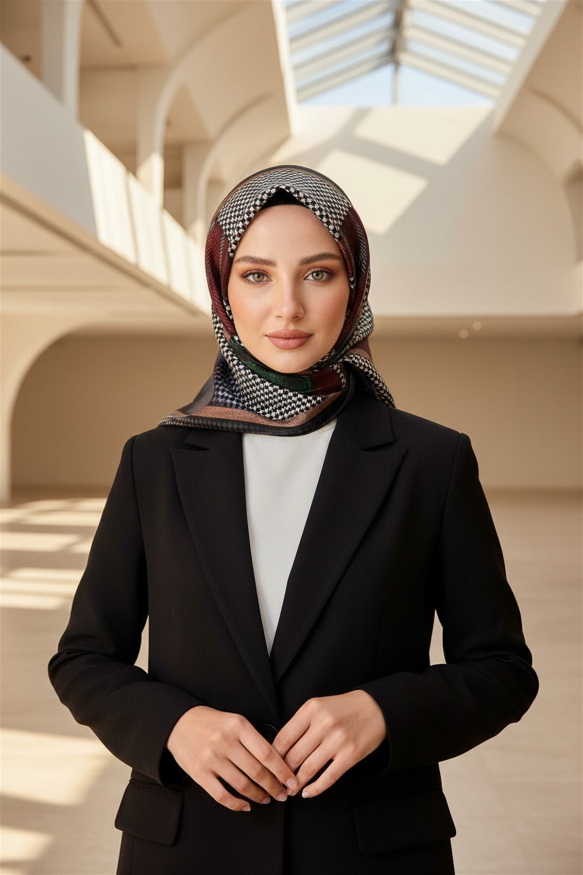 %100 Twill İpek Kazakayaklı Ve Ekose Desenli Siyah - Zümrüt Yeşili Renkli 90x90 Eşarp Dikim Şekli : El Dikişi