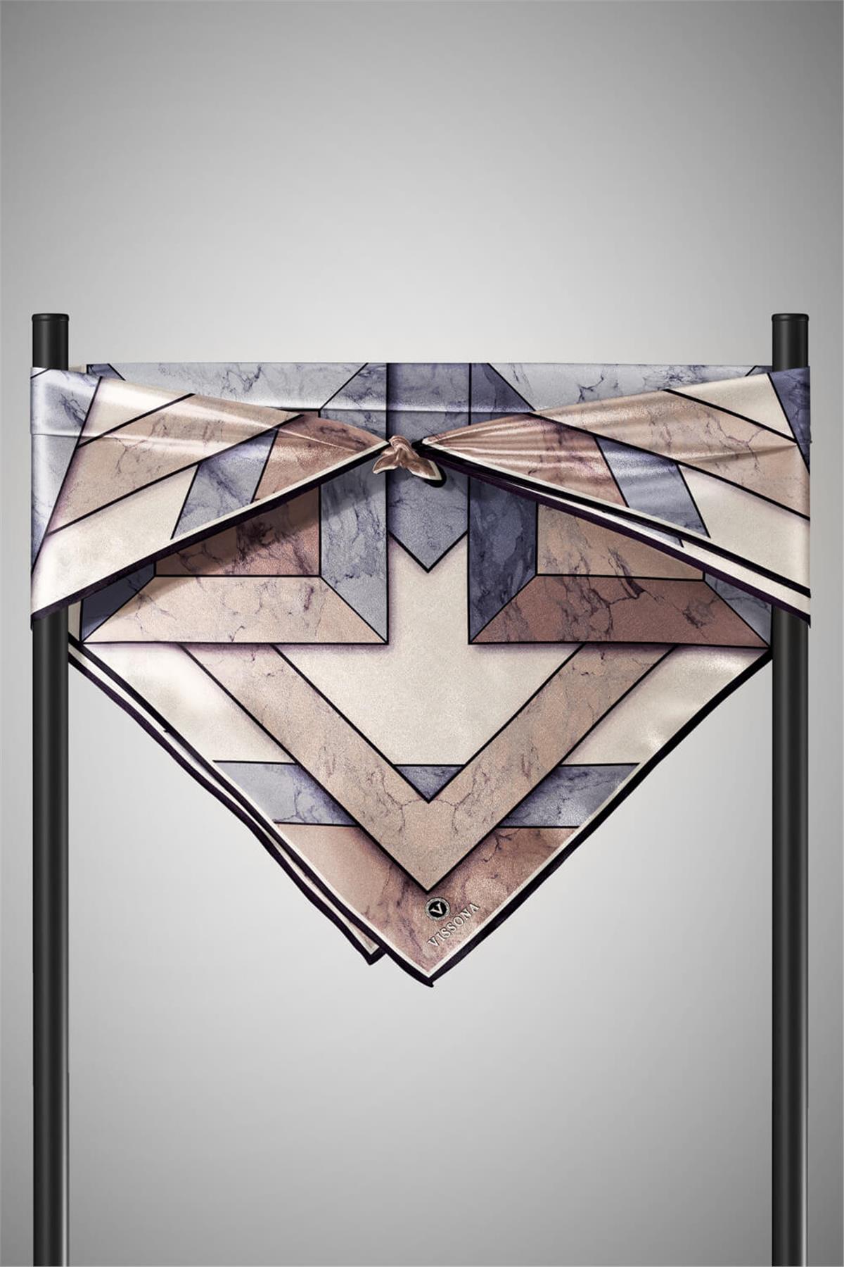 %100 Twill İpek Mermer Desenli Bej - Gri Renkli 90x90 Eşarp Dikim Şekli : El Dikişi