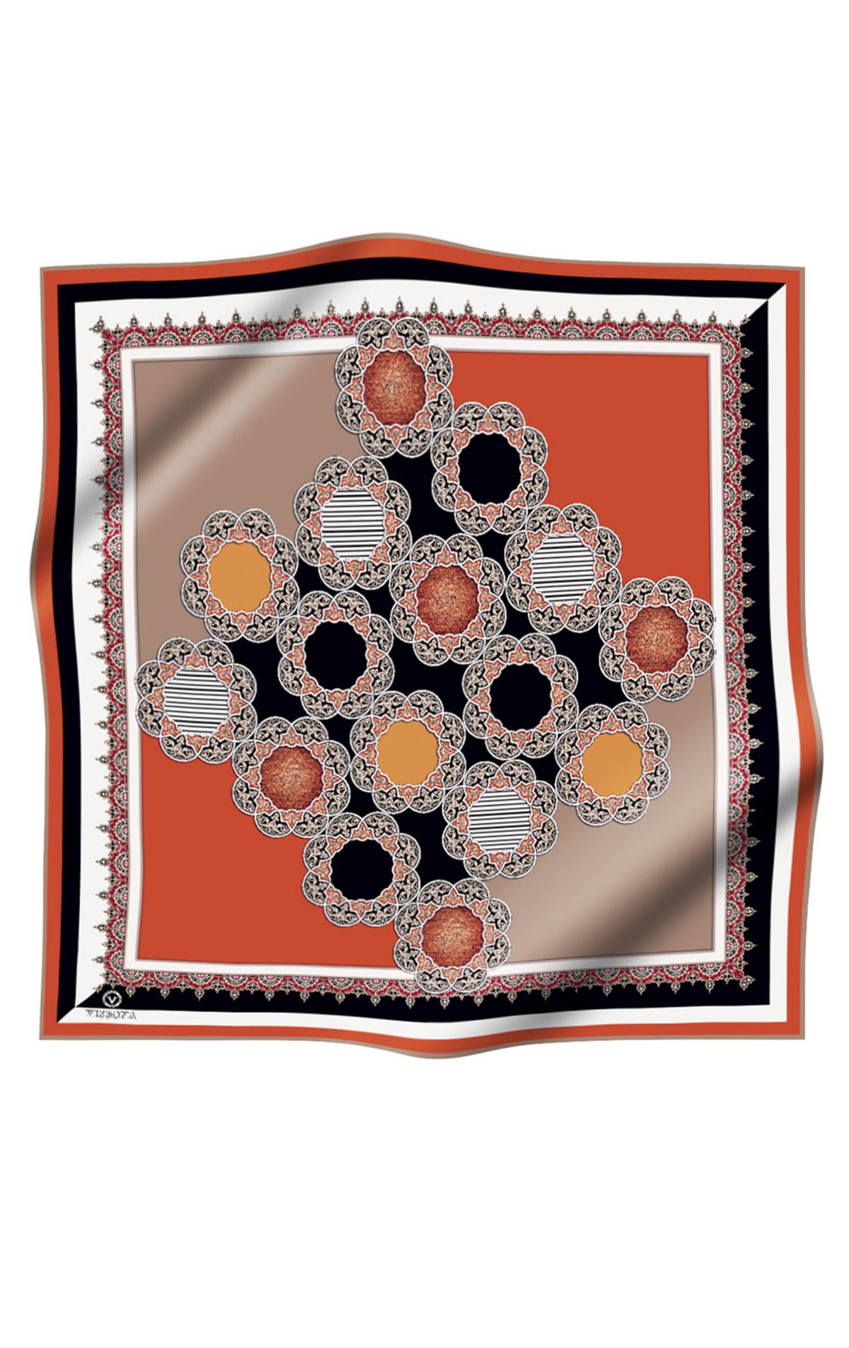 %100 Twill Türk Motifi  Desenli Bej - Taba Renkli 90x90 Eşarp Dikim Şekli: El Dikişi