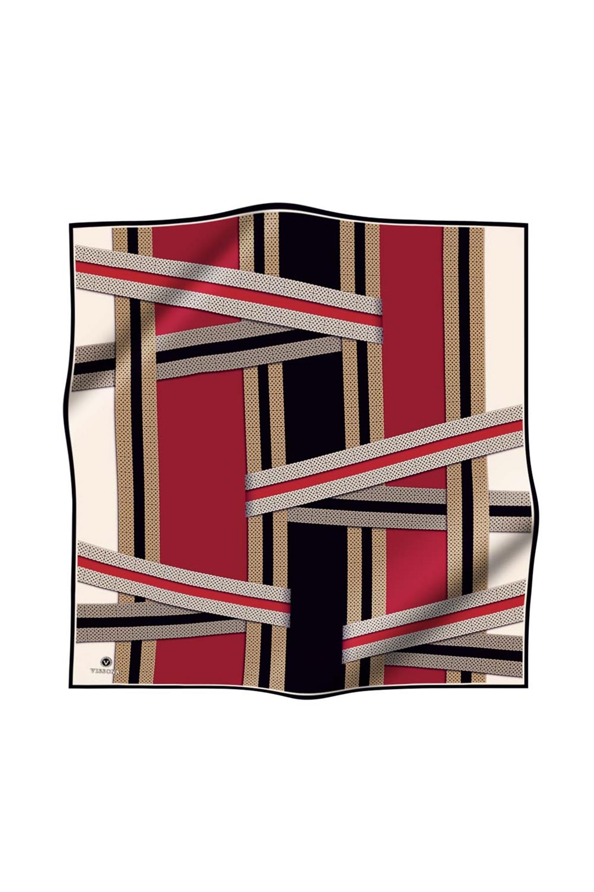 %100 Twill İpek Geometrik Desenli Siyah - Bordo Renkli 90x90 Eşarp Dikim Şekli : El Dikişi