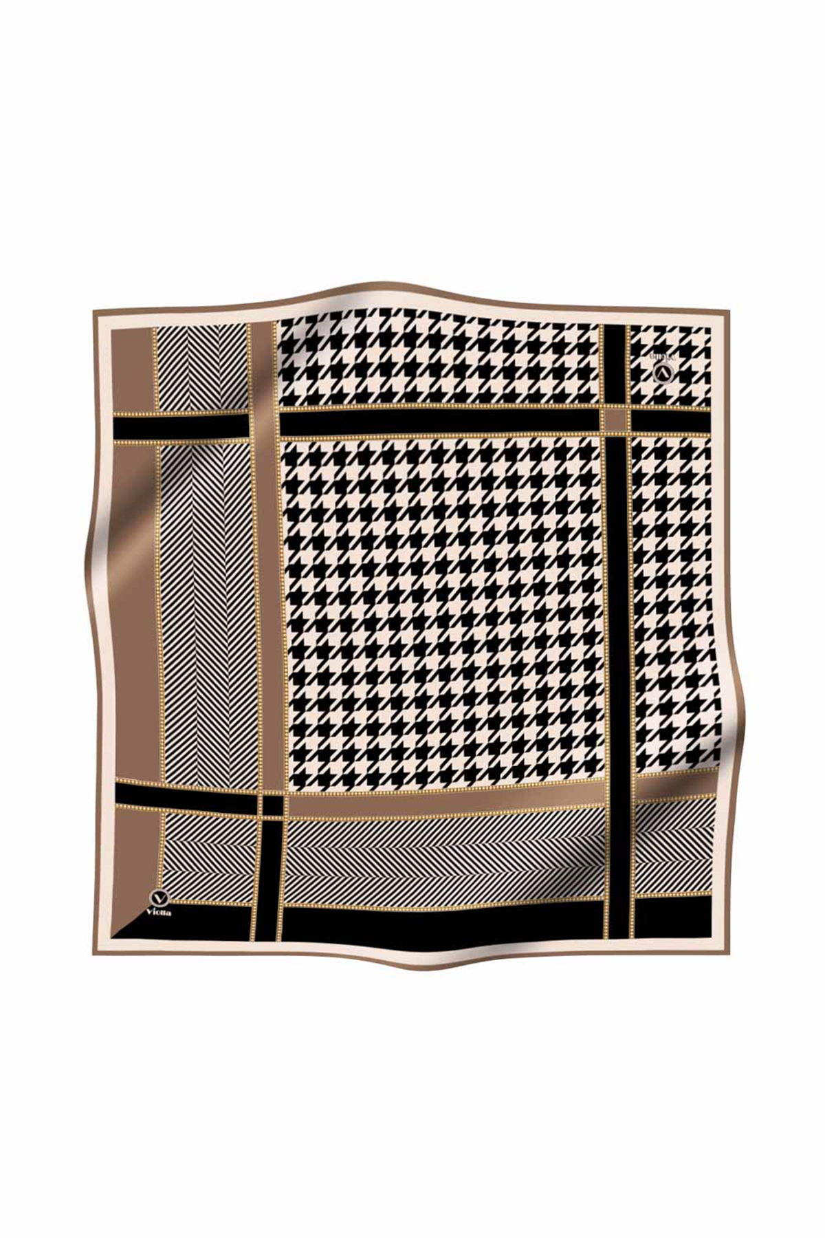 Twill Kazayağı Desenli Bej Renkli 90x90 Eşarp (İpek İçermez) Kenar Dikiş Şekli El Dikişli