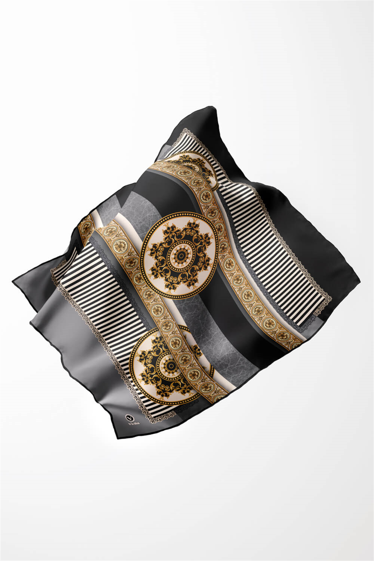 Twill Çizgili ve Barok Desenli Gri Renkli 90x90 Eşarp (İpek İçermez) Kenar Dikiş Şekli El Dikişli