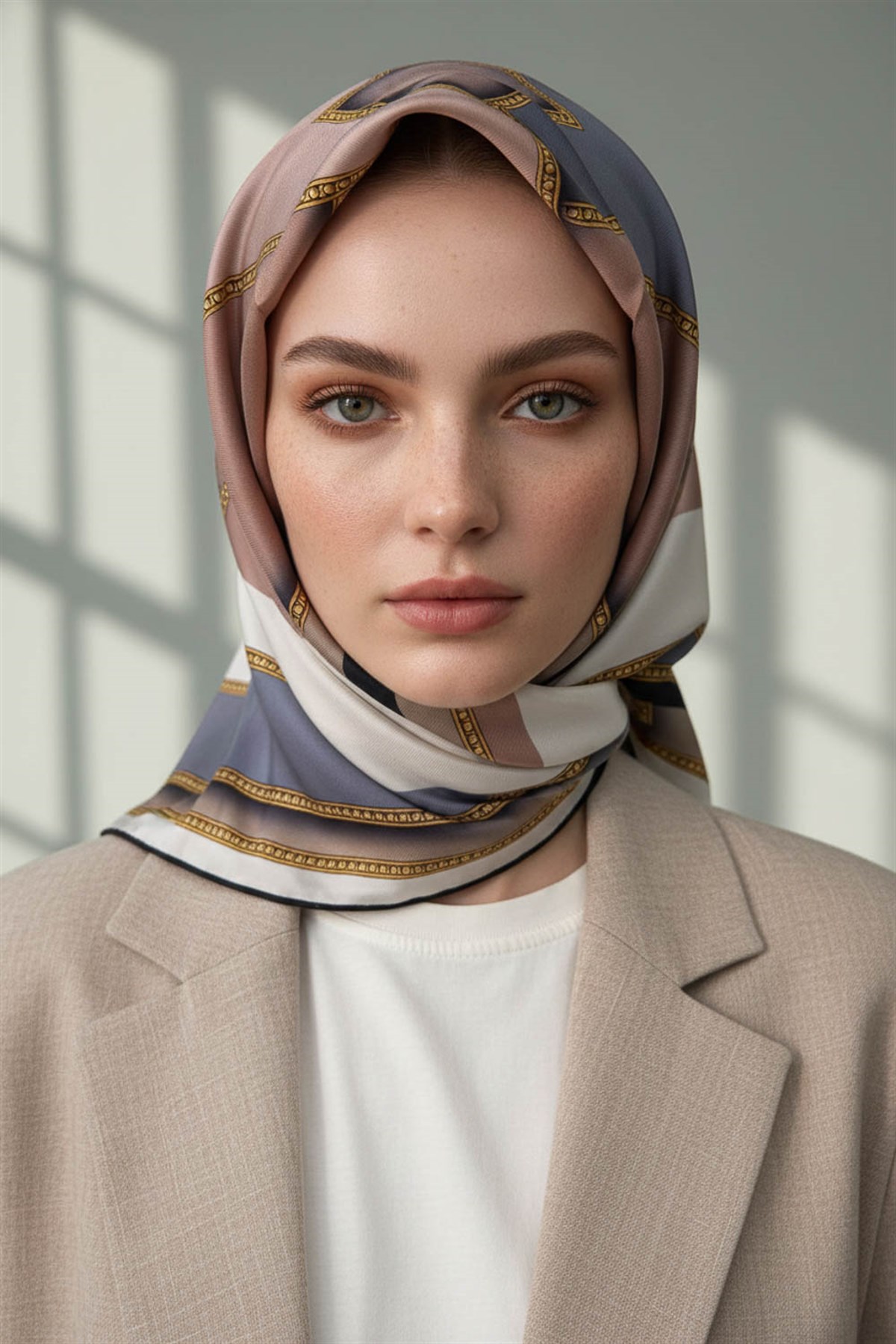%100 Twill İpek Geometrik Desenli Pudra - Gümüş Renkli 90x90 Eşarp Dikim Şekli : El Dikişi