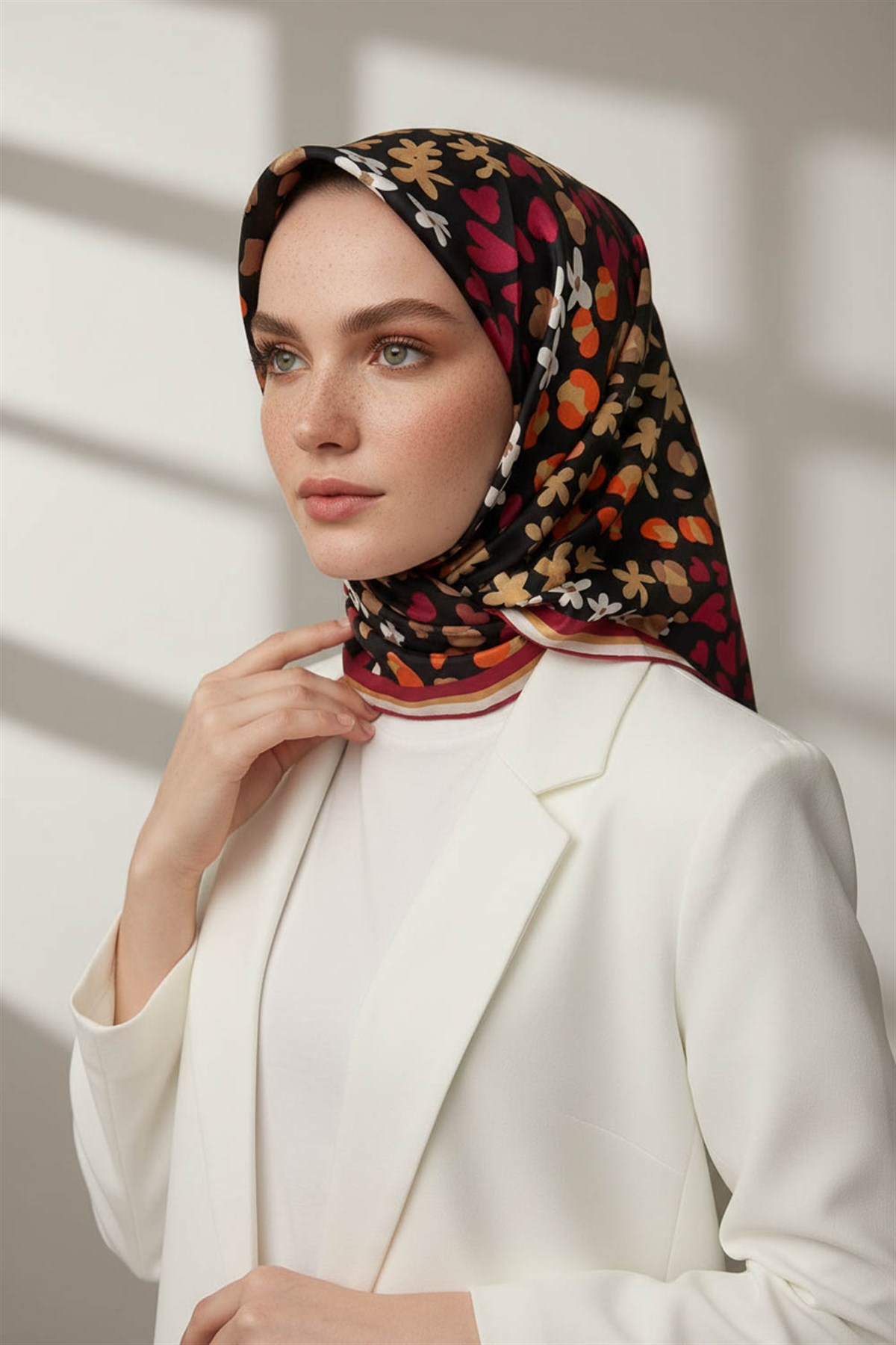 %100 Twill İpek Kalpli Leopar Desenli Siyah - Bordo Renkli 90x90 Eşarp Dikim Şekli : El Dikişi