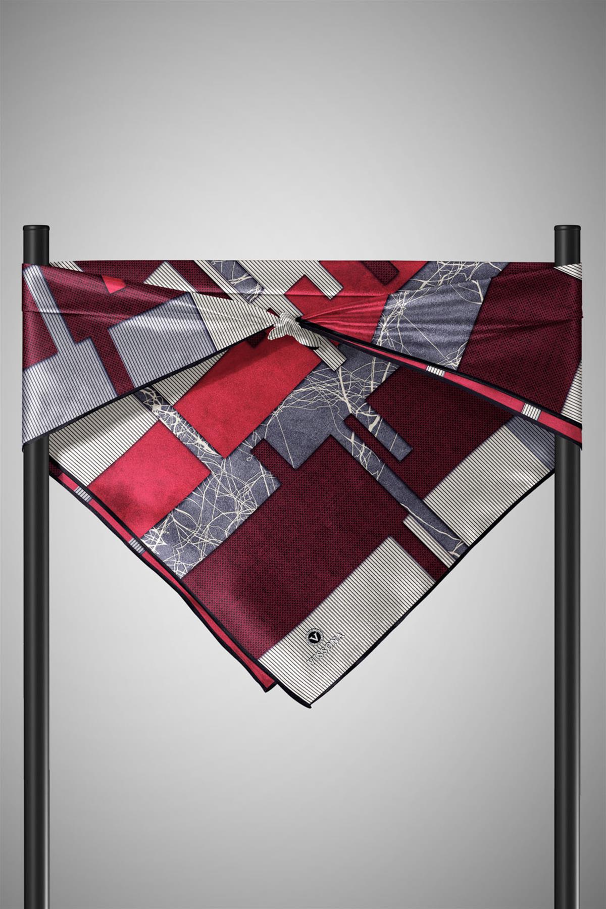 %100 Twill İpek Geometrik Desenli Siyah - Kırmızı Renkli 90x90 Eşarp Dikim Şekli : El Dikişi
