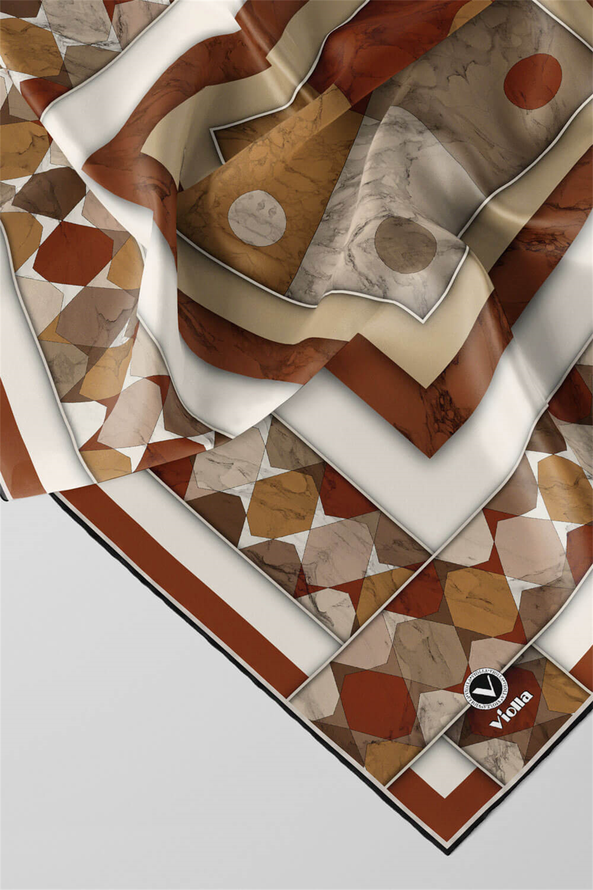 Twill Geometrik Mermer Desenli Taba Renkli 90x90 Eşarp (İpek İçermez) Kenar Dikiş Şekli El Dikişli