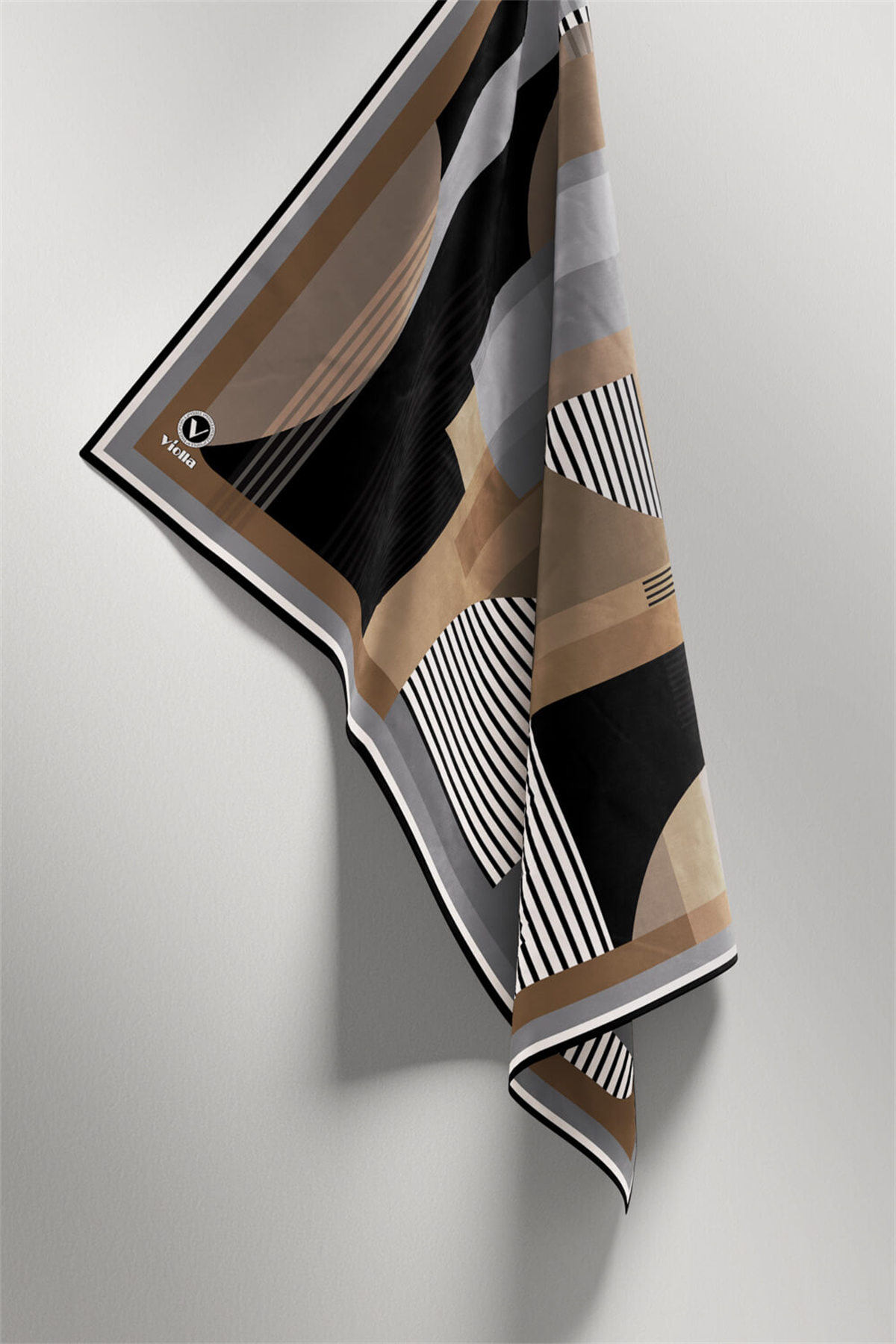 Twill Çizgili Ve Geometrik Desenli Bej - Gri Renkli 90x90 Eşarp (İpek İçermez) Kenar Dikiş Şekli El Dikişli