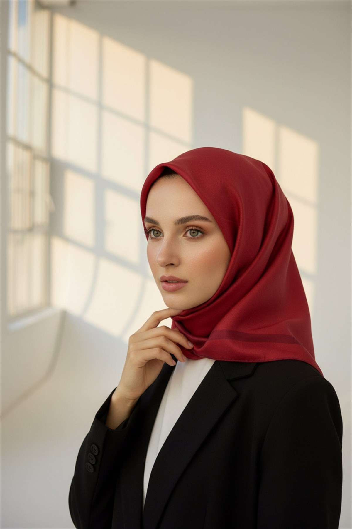 100% Twill İpek Düz Renk Bordür Desenli Bordo Renkli Daha Tok Exclusive Serisi 90x90 Dikim Şekli : El Dikişi Eşarp