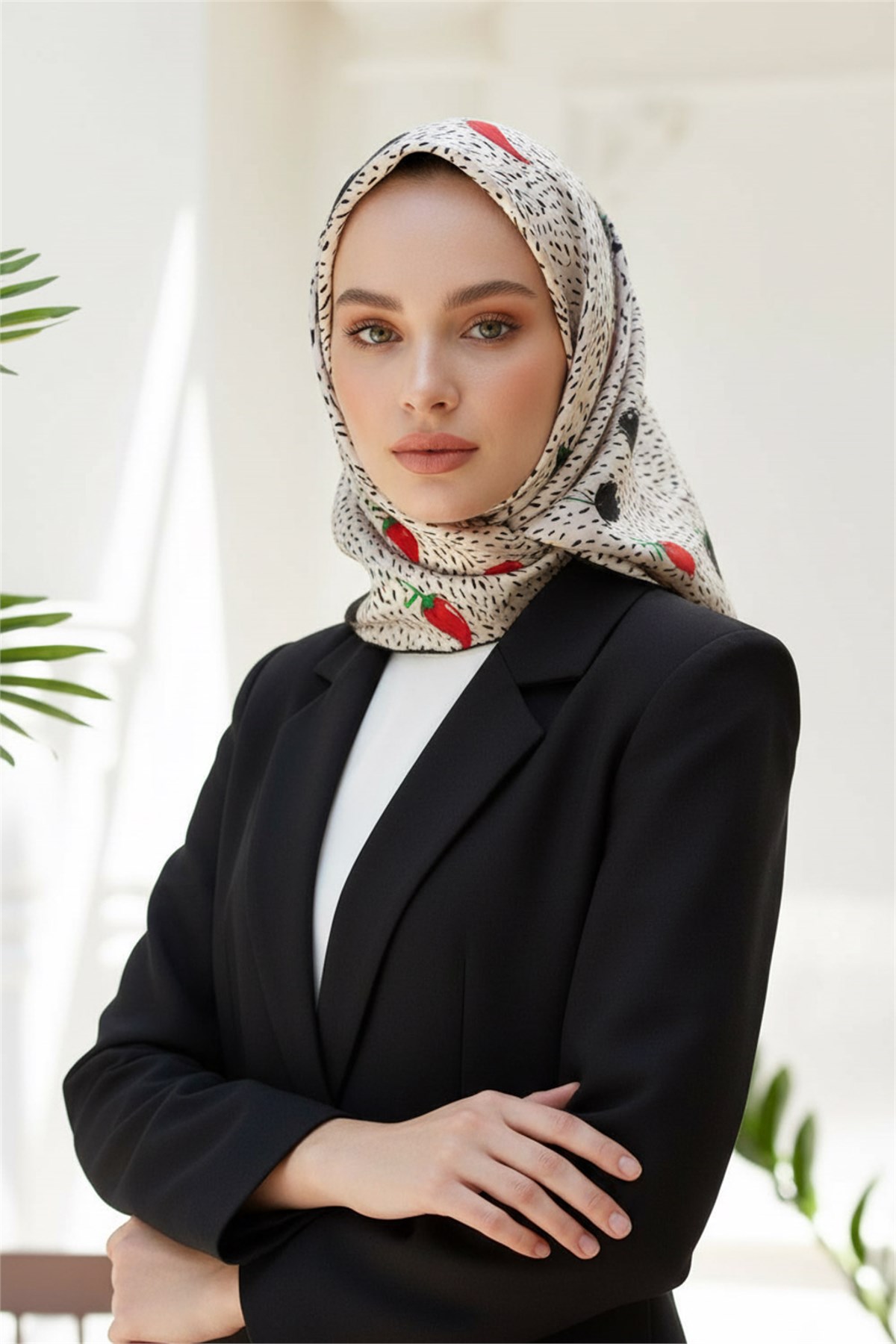 %100 Twill İpek Çıtır Çiçek Desenli Kırmızı - Krem Renkli 90x90 Eşarp Dikim Şekli : El Dikişi