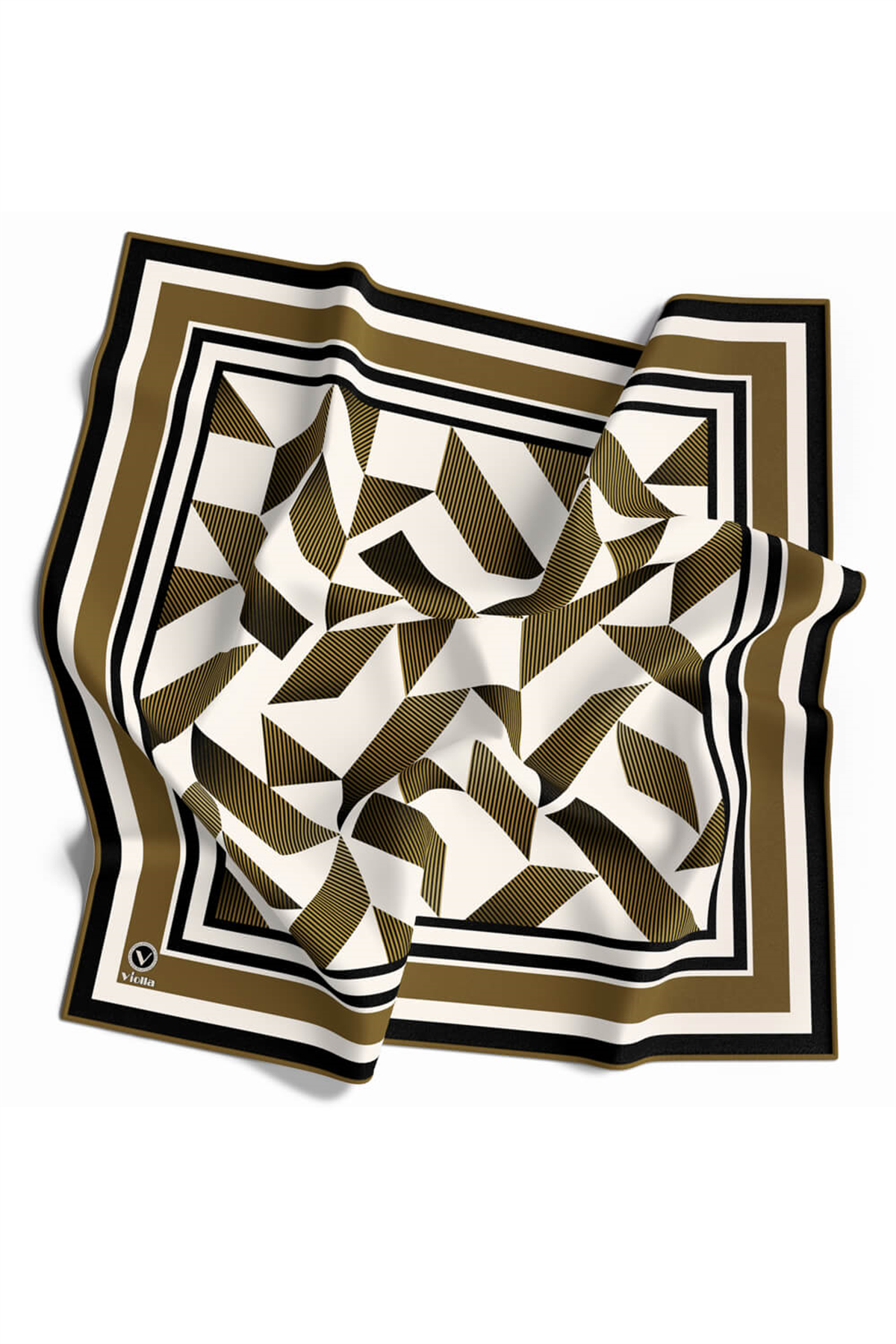 Twill Geometrik Desenli Hardal Renkli 90x90 Eşarp (İpek İçermez) Kenar Dikiş Şekli El Dikişli