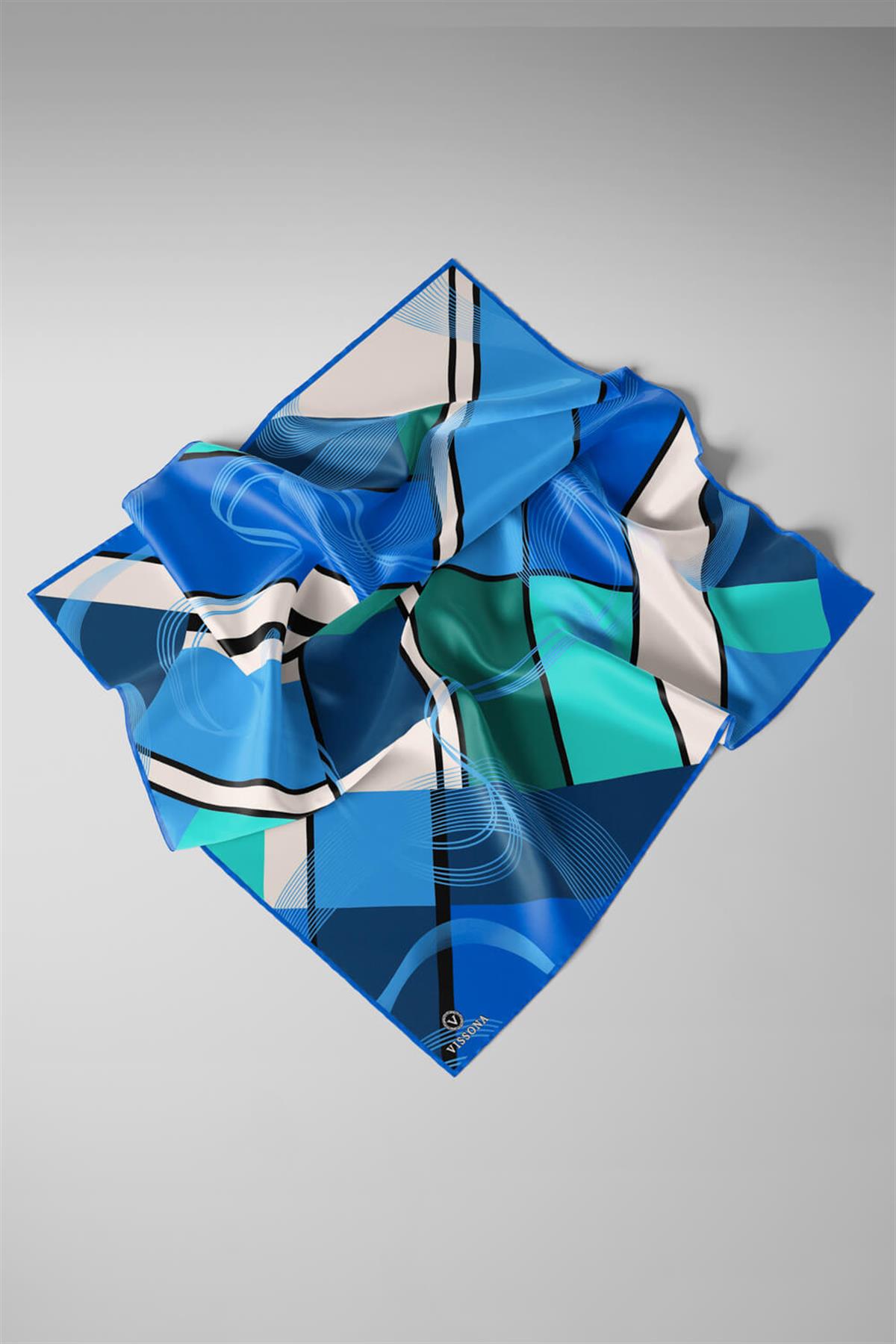 %100 Twill İpek Geometrik Desenli Saks - Mint Yeşili Renkli 90x90 Eşarp Dikim Şekli : El Dikişi