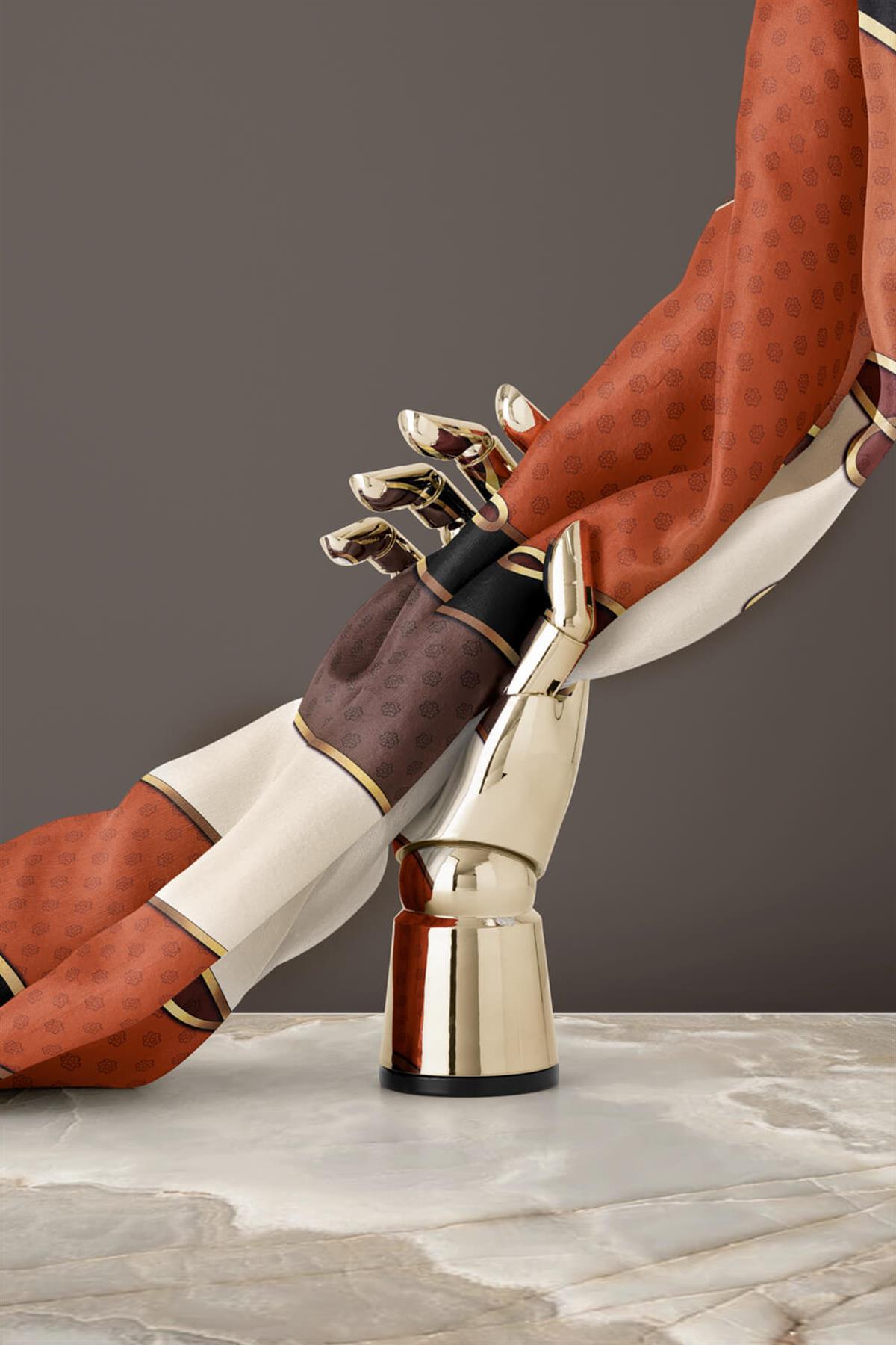 %100 Twill İpek Puantiyeli ve Geometrik Desenli Taba - Vizon Renkli 90x90 Eşarp Dikim Şekli : El Dikişi