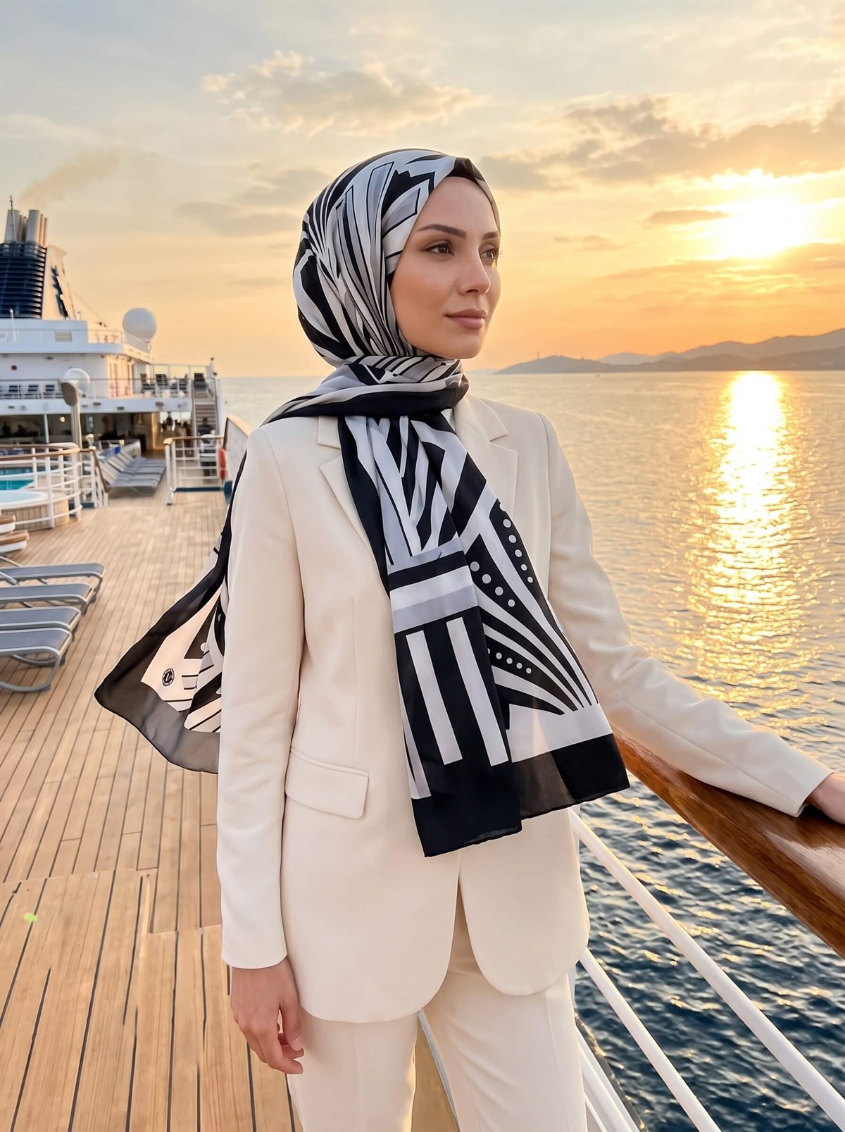 %100 Saf İpek Şal İnce Saten Vual Dokuma Yelpaze Desenli Gri - Siyah Renkli 90x210 Şal