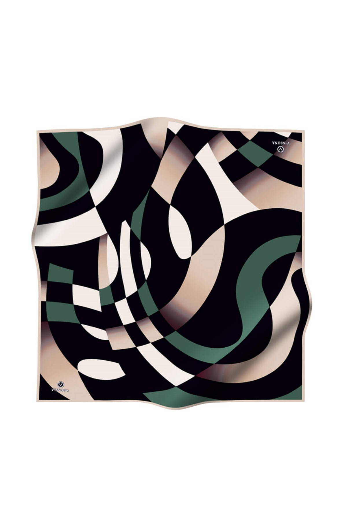 %100 Twill İpek Geometrik Desenli Petrol Yeşili - Bej Renkli 90x90 Eşarp Dikim Şekli : El Dikişi
