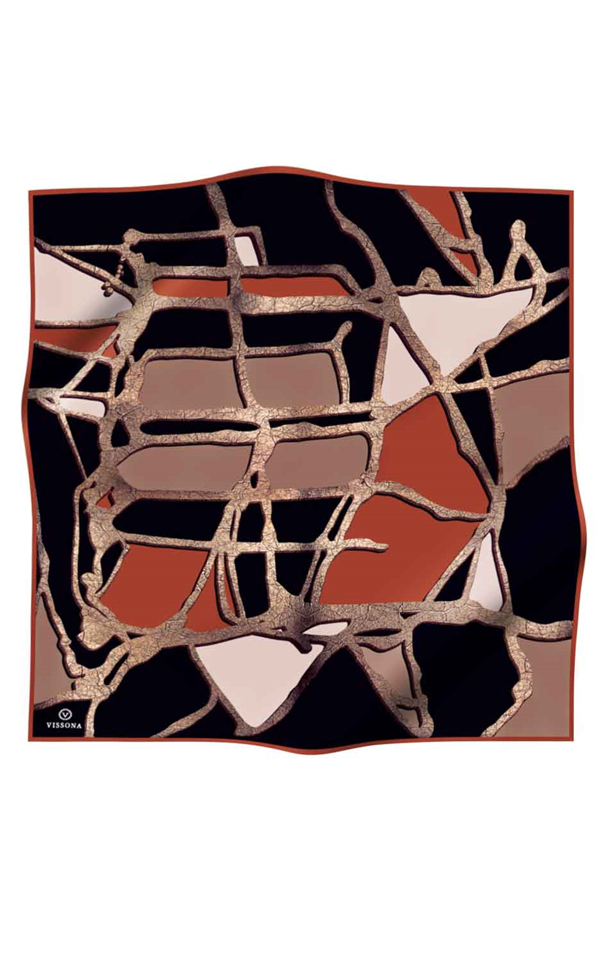 % 57 İPEK % 43 VİSKON Twill İpek Gold Efektli Geometrik Desenli Siyah - Taba Renkli 90x90 Eşarp Dikim Şekli : El Dikişi