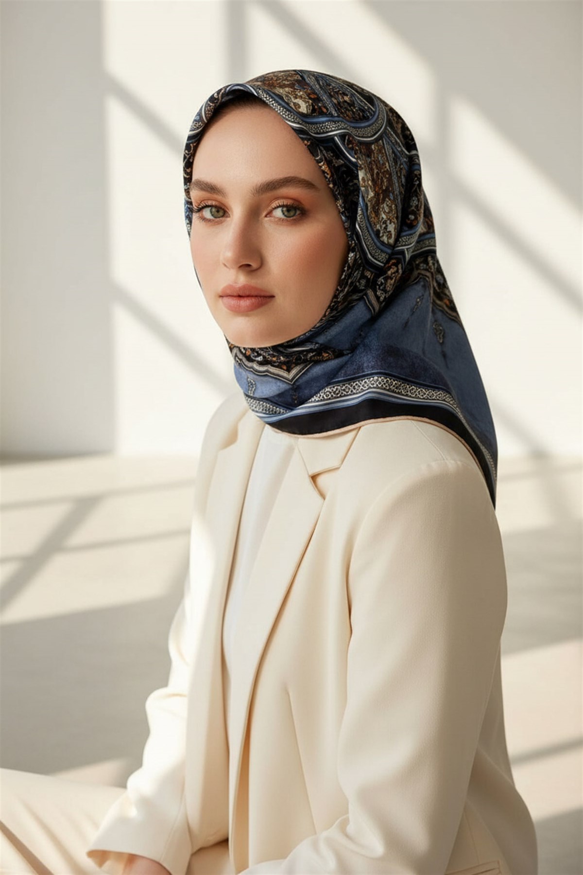 %100 Twill İpek Şal Desenli İndigo - Lacivert Renkli 90x90 Eşarp Dikim Şekli : El Dikişi