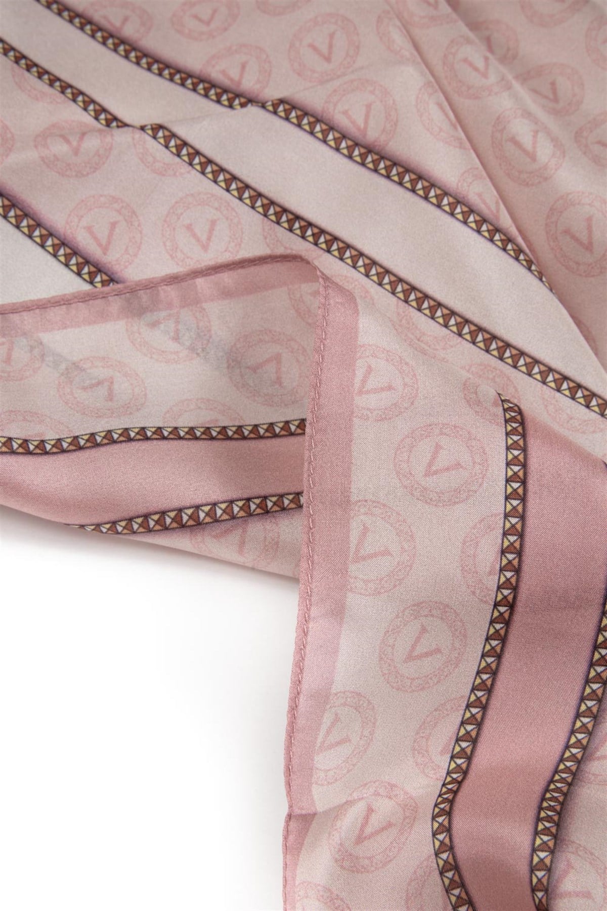 %100 İpek Monogram Desenli Pudra - Krem Renkli 92x210 Şal