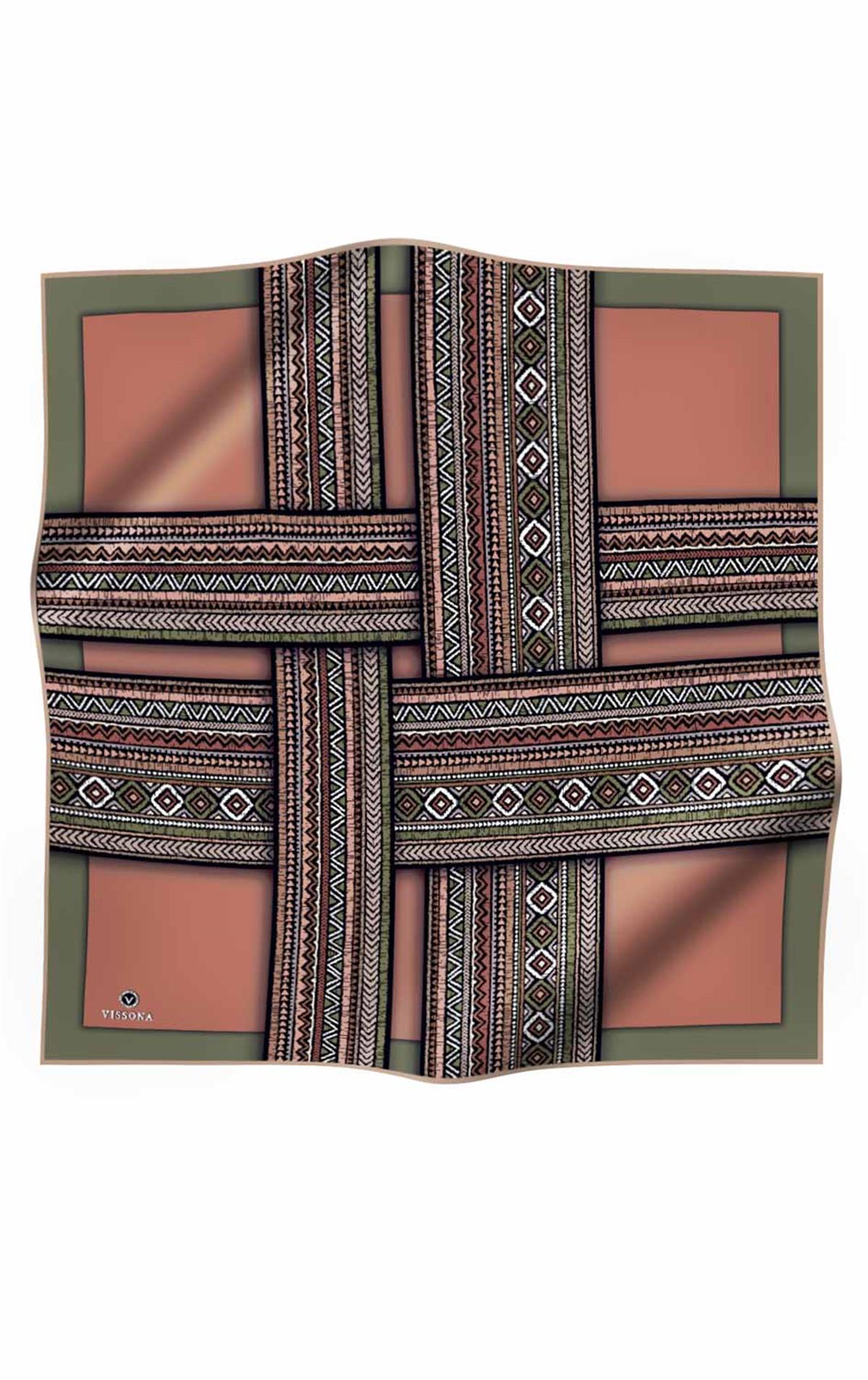 %100 Twill İpek Etnik Desenli Haki - Bakır  Renkli 90x90 Eşarp Dikim Şekli : El Dikişi