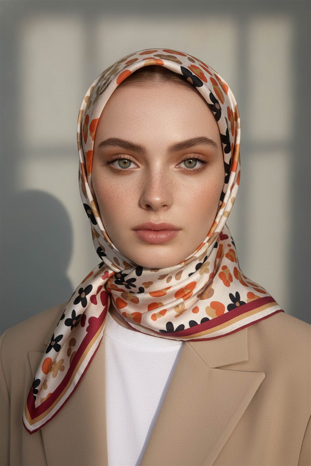 %100 Twill İpek Kalpli Leopar Desenli Krem - Bordo Renkli 90x90 Eşarp Dikim Şekli : El Dikişi
