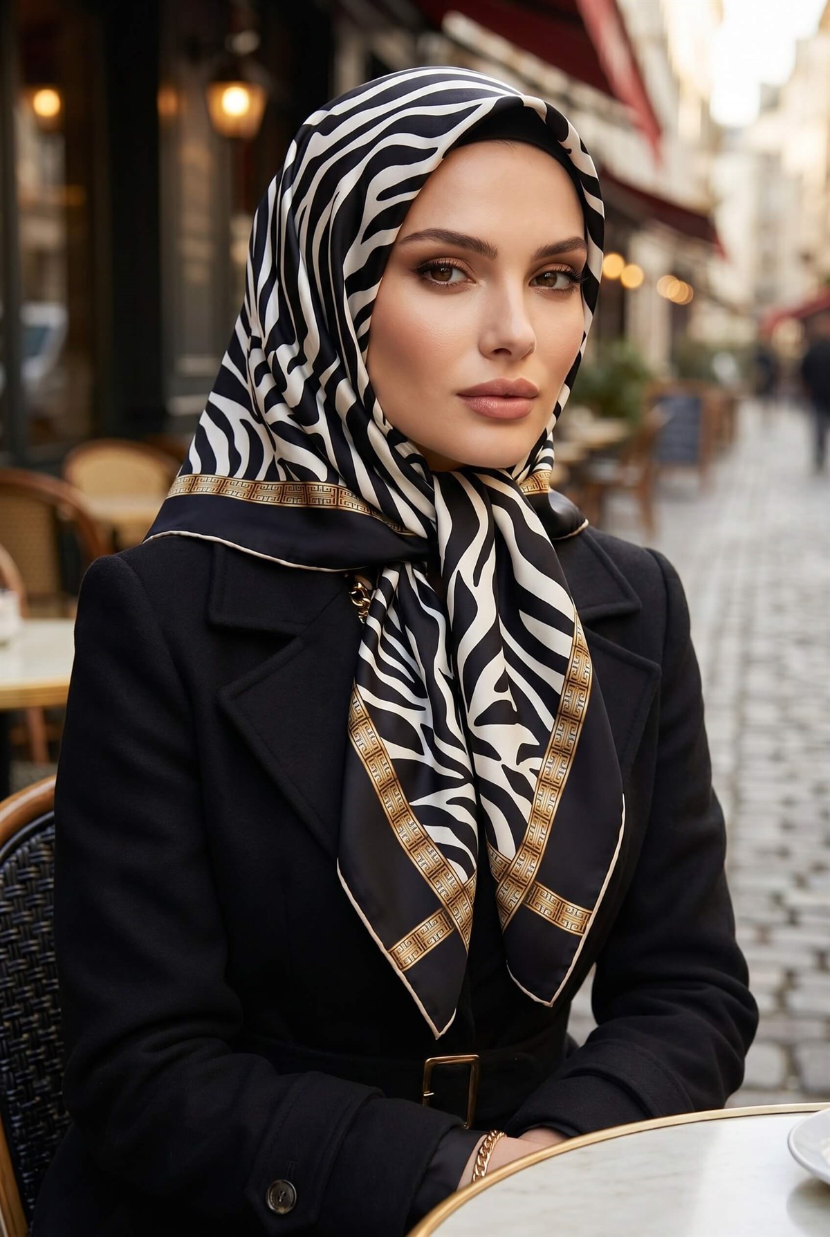 %100 Twill İpek Zebra Desenli Siyah - Beyaz Renkli 90x90 Eşarp Dikim Şekli : El Dikişi