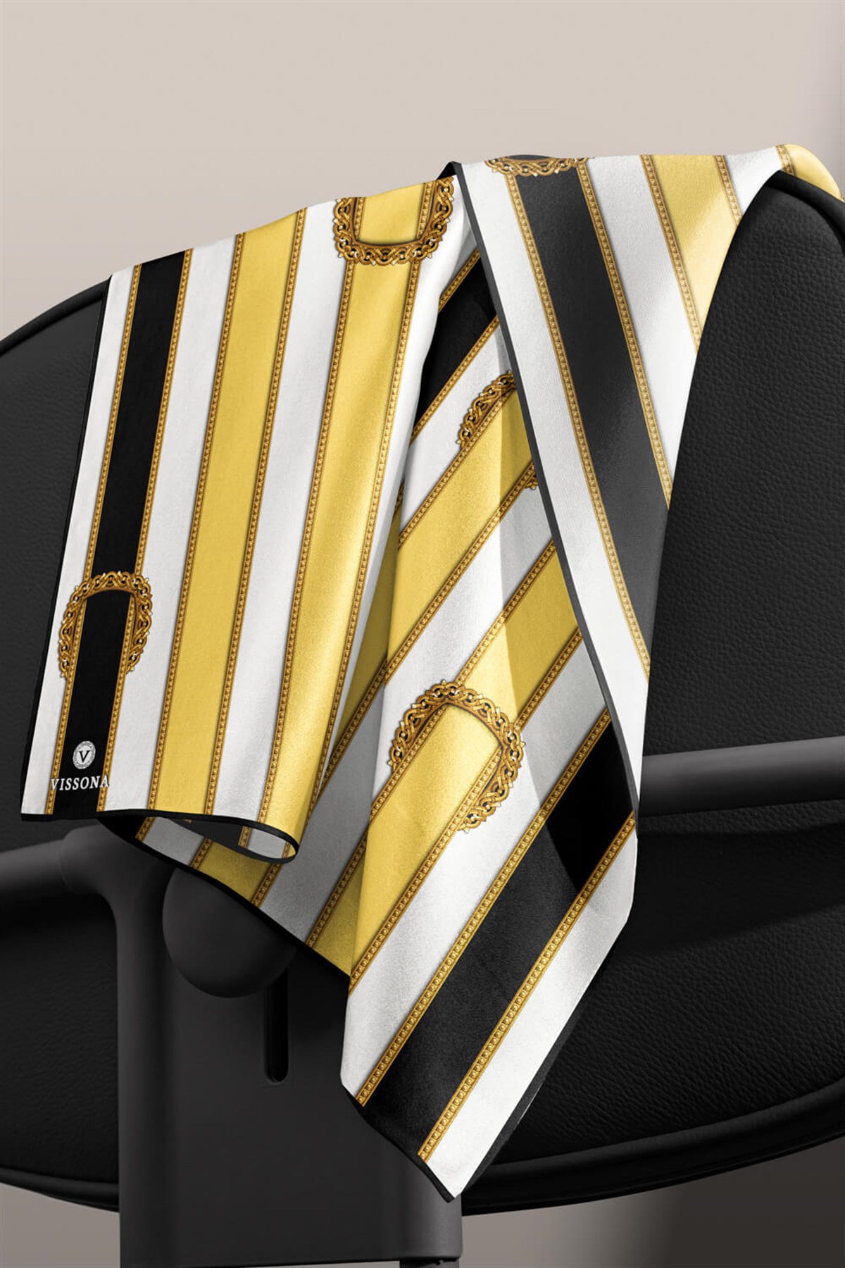 %100 Twill İpek Kemer Desenli Siyah - Limon Sarısı Renkli 90x90 Eşarp Dikim Şekli : El Dikişi