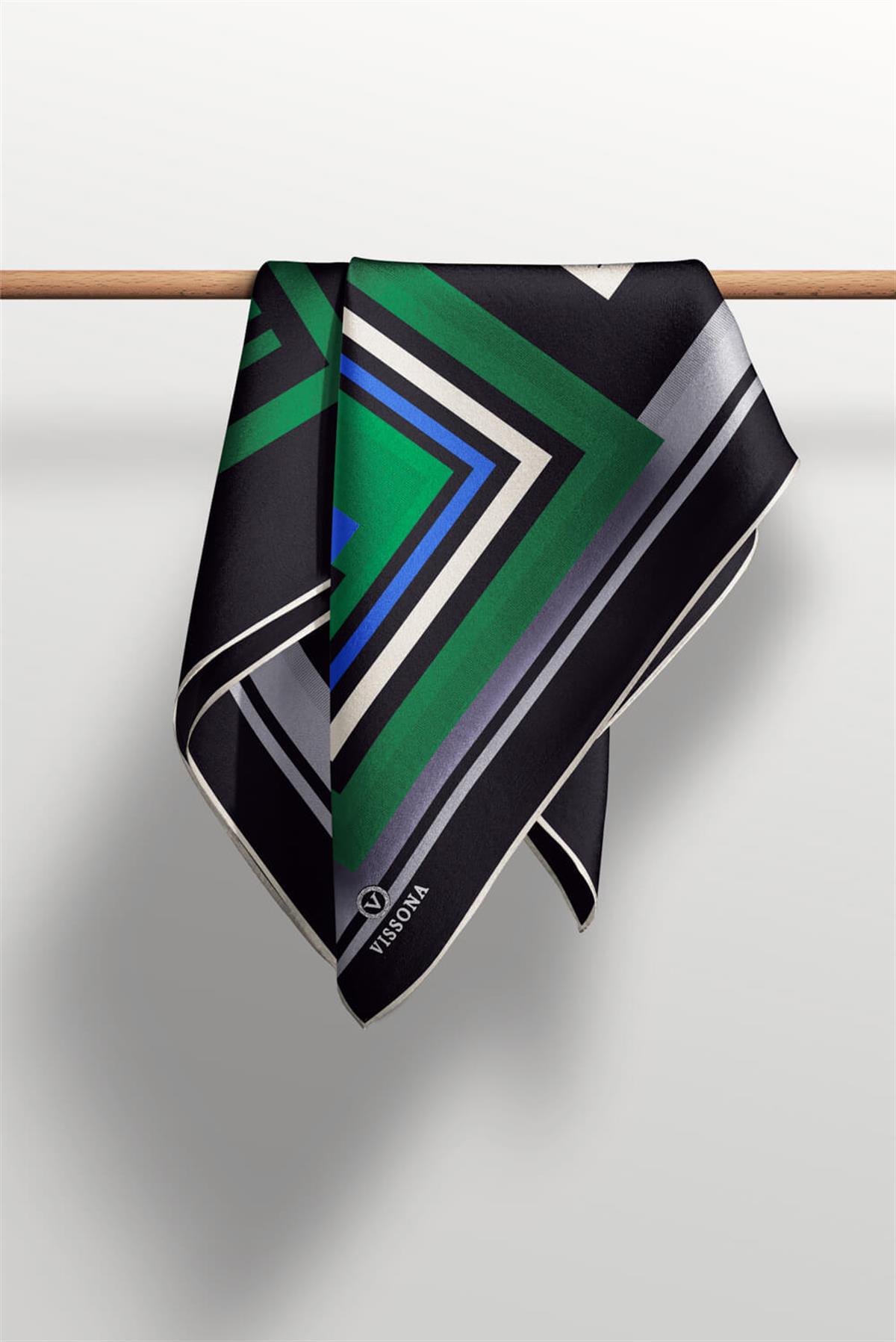 %100 Twill İpek Kare Desenli Zümrüt Yeşili - Saks Renkli 90x90 Eşarp Kenar Dikiş Şekli El Dikişli