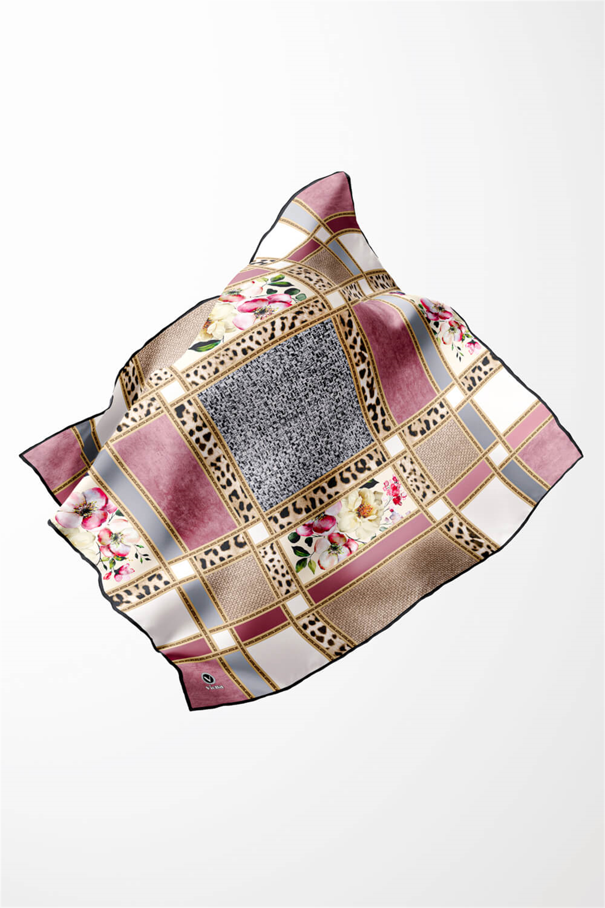 Twill Leopar ve Çiçek Desenli Pudra - Gri Renkli 90x90 Eşarp (İpek İçermez) Dikim Şekli : El Dikişi