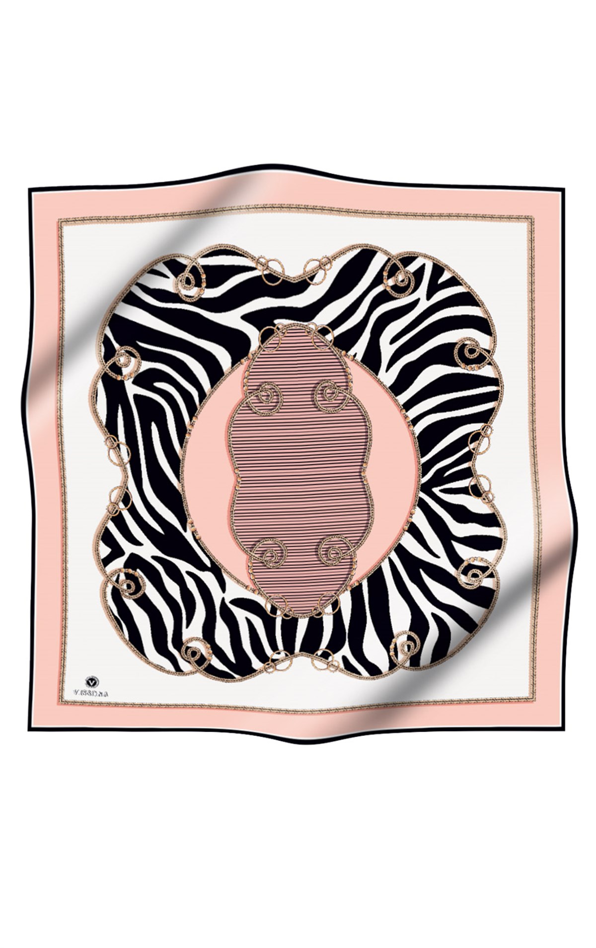 %100 Twill İpek Zincirli Ve Zebra Desenli Pudra - Krem Renkli 90x90 Eşarp Dikim Şekli : El Dikişi