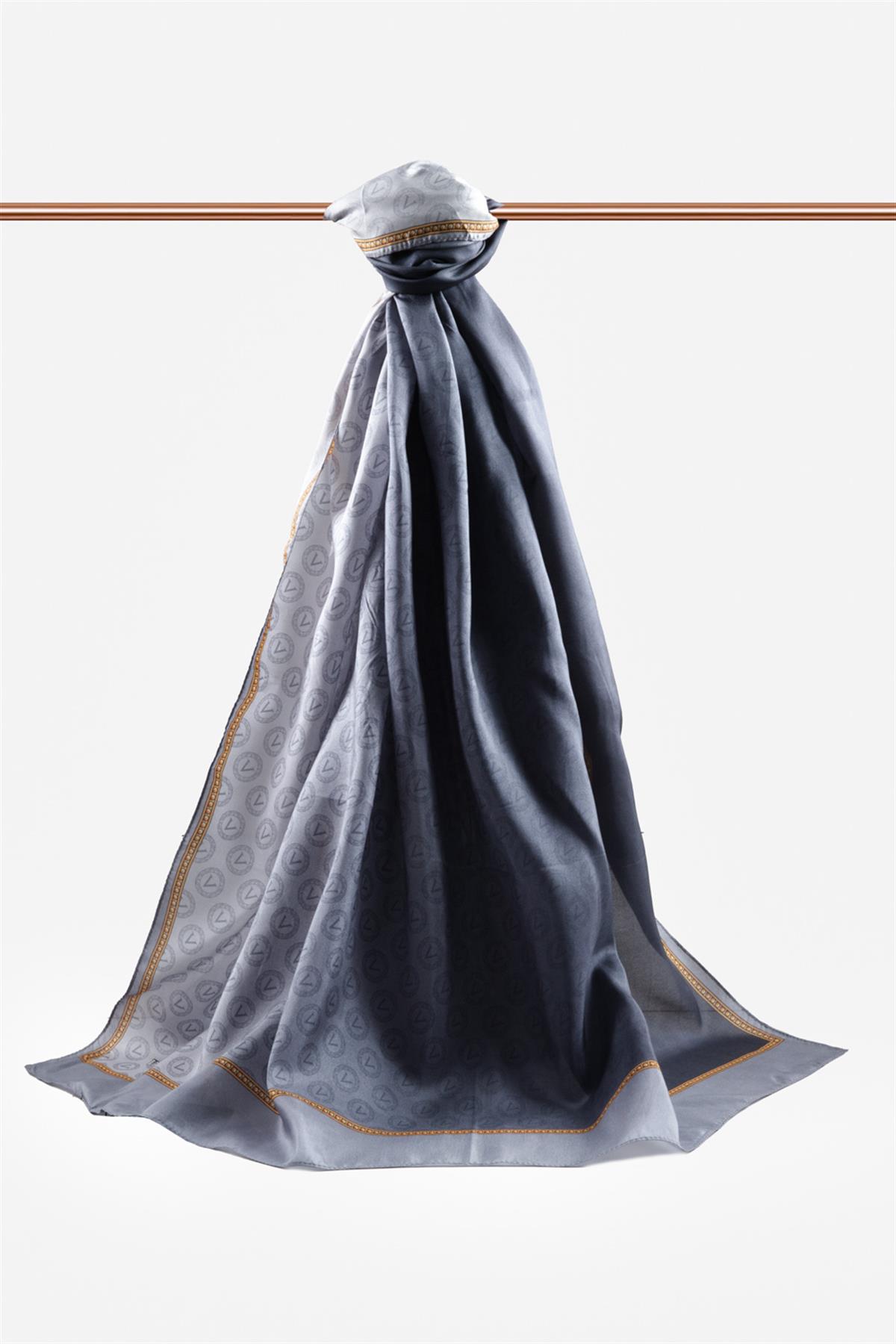 %100 İpek Degradeli Ve Monogram Desenli Gümüş - Gold Renkli 92x210 Şal