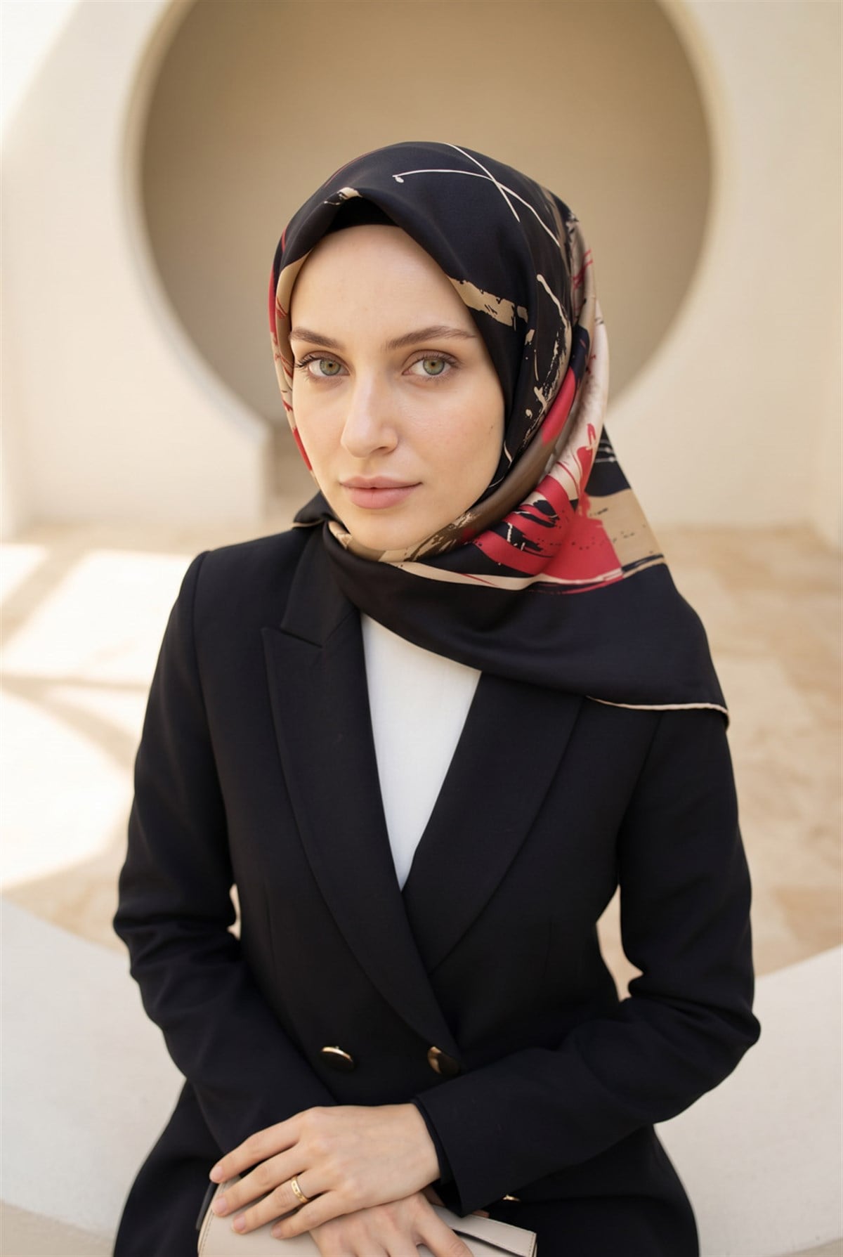 %100 Twill İpek Geometrik Desenli Siyah - Kırmızı Renkli 90x90 Eşarp Dikim Şekli : El Dikişi