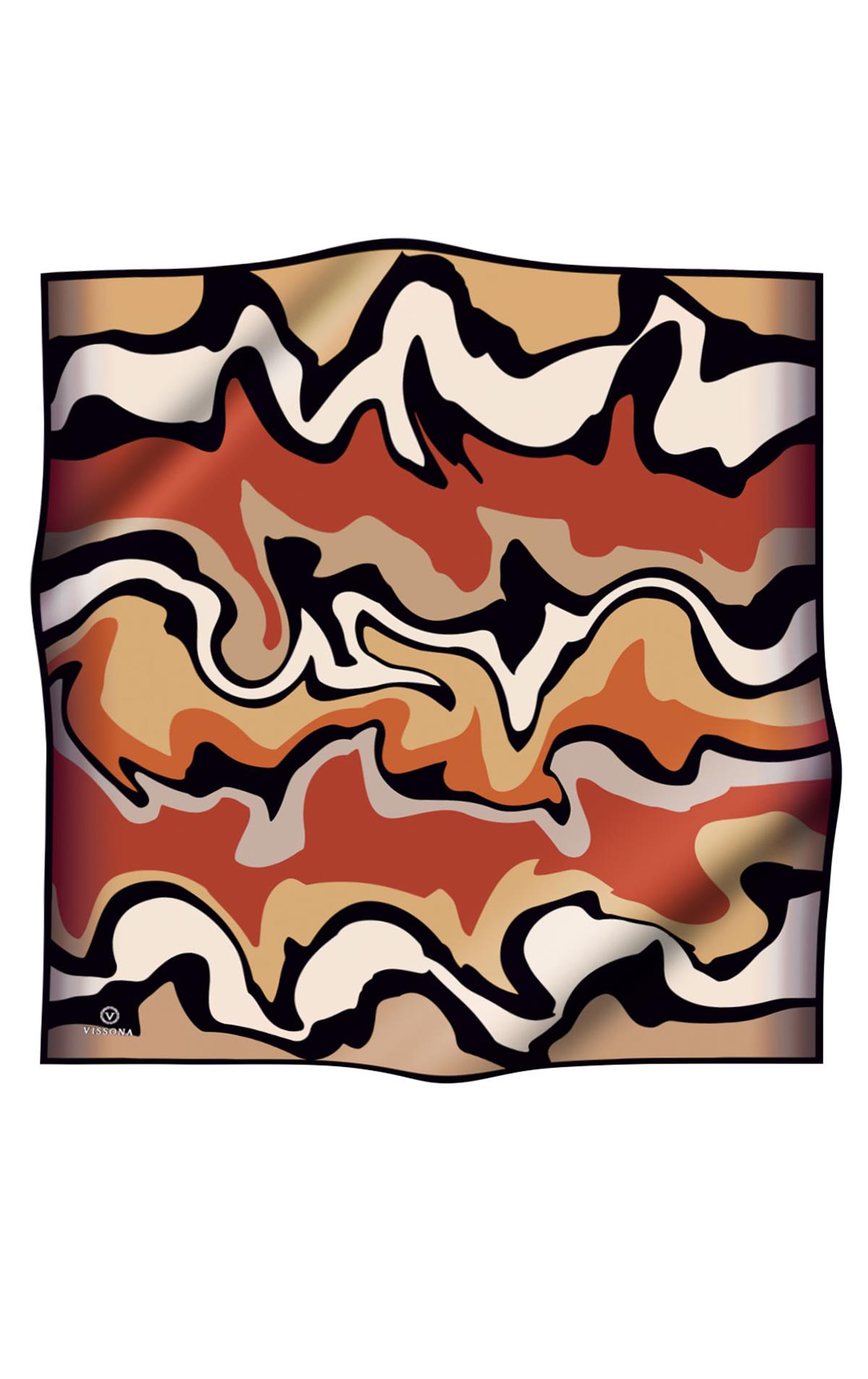 100% Twill İpek Dalga Desenli Hardal - Taba Renkli 90x90 Dikim Şekli : El Dikişi Eşarp