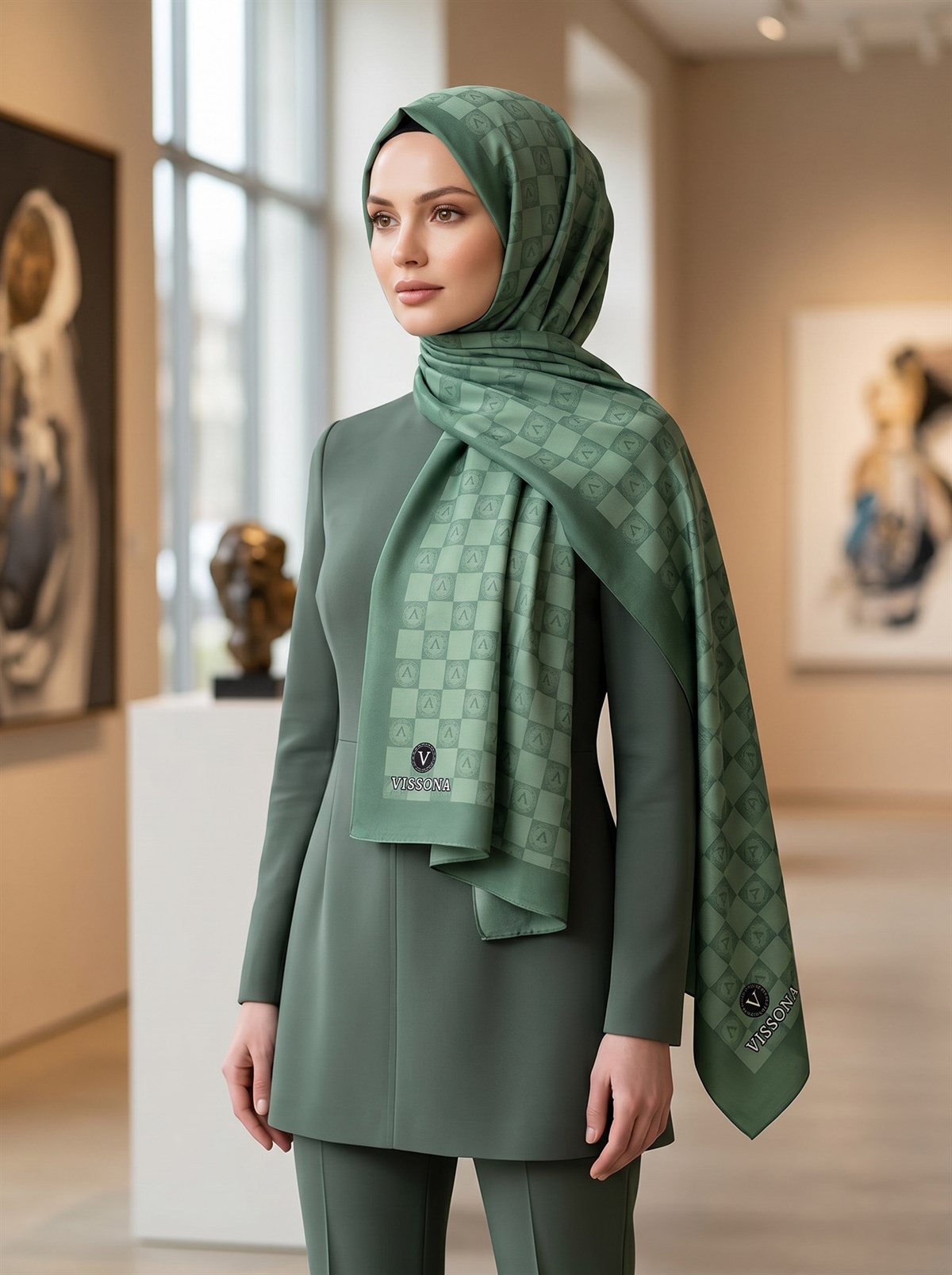 KREP MONOGRAM DESENLİ KÜF YEŞİLİ RENKLİ 75X195 KIRIŞMAZ ŞAL
