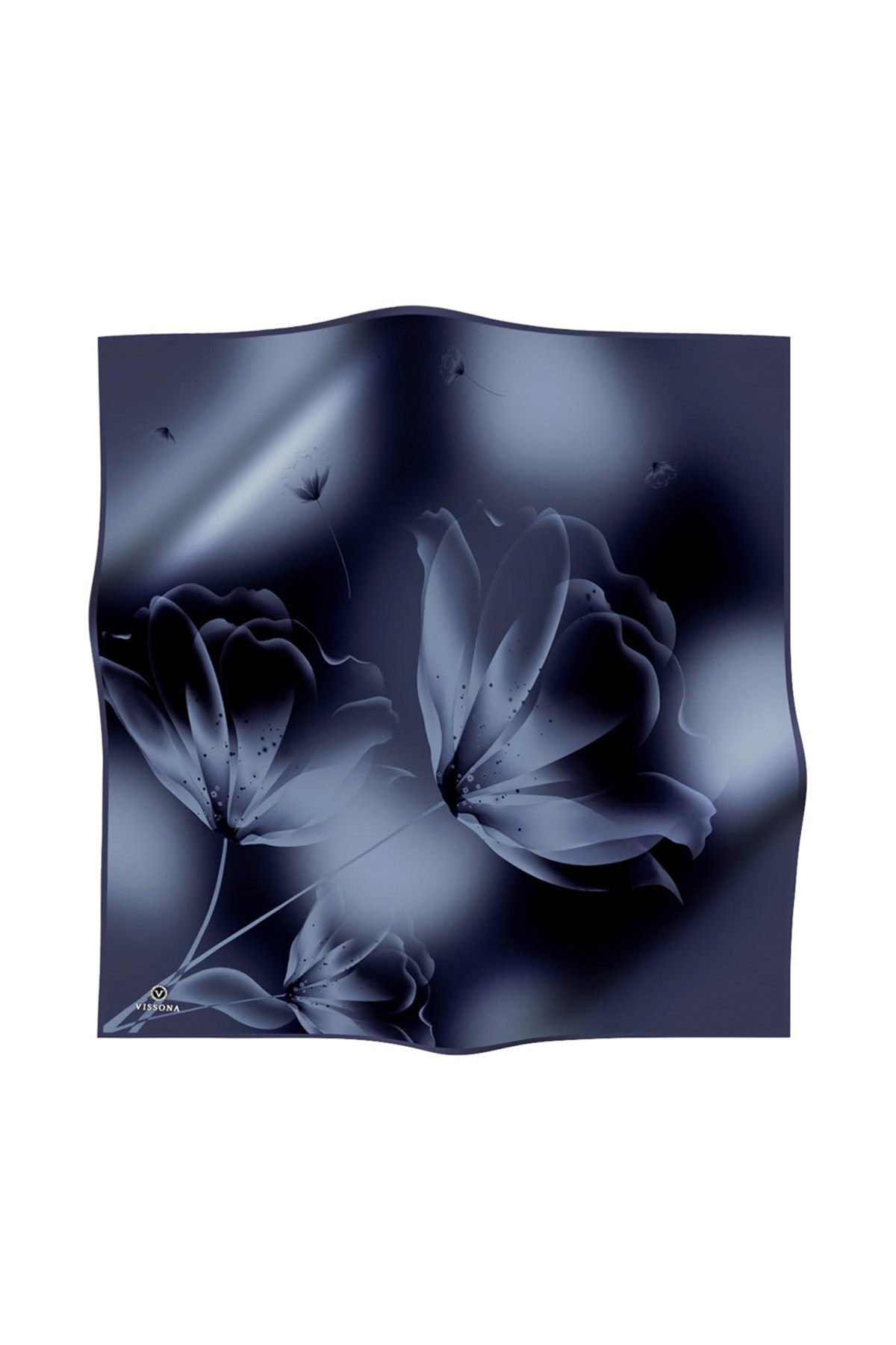 %100 Twill İpek Çiçek Desenli İndigo Renkli 90x90 Eşarp Dikim Şekli : El Dikişi