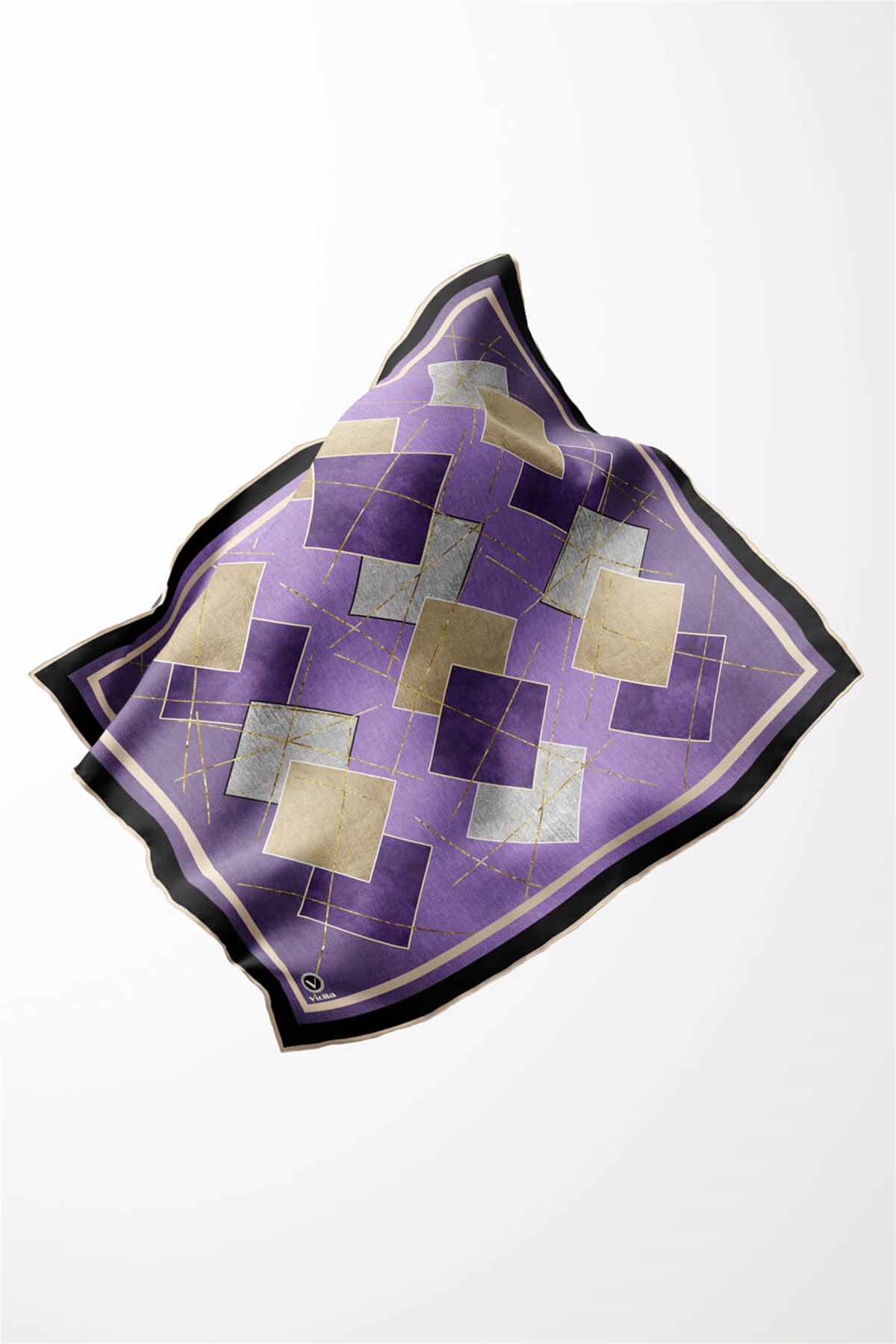 Twill Geometrik Desenli Lila Renkli 90x90 Eşarp (İpek İçermez) Kenar Dikiş Şekli El Dikişli