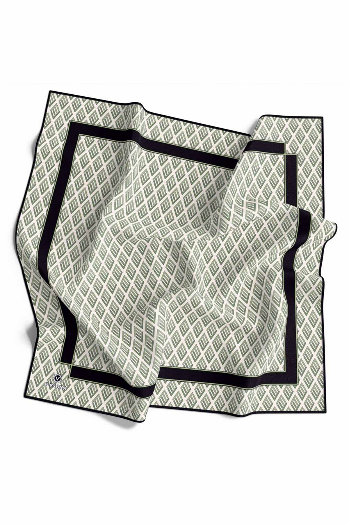 % 57 İPEK % 43 VİSKON Twill İpek Geometrik Desenli Krem - Çağla Renkli 90x90 Eşarp Dikim Şekli : El Dikişi