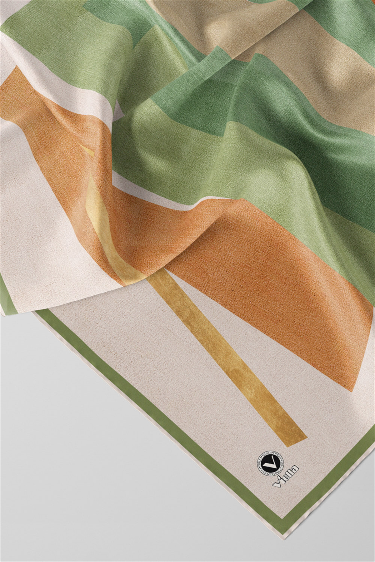 Twill Geometrik Desenli Haki Renkli 90x90 Eşarp (İpek İçermez) Kenar Dikiş Şekli El Dikişli