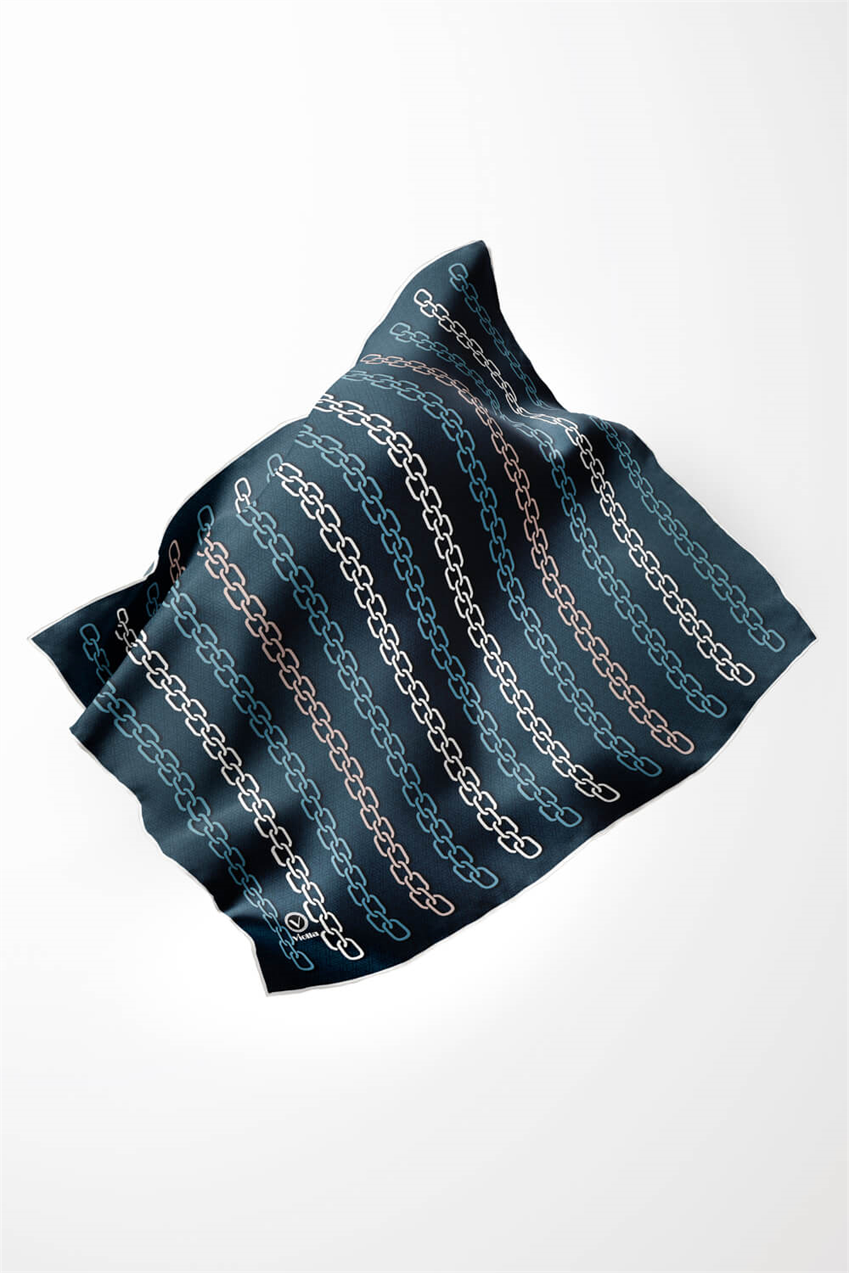 Twill Zincir Desenli Petrol Mavisi Renkli 90x90 Eşarp (İpek İçermez) Kenar Dikiş Şekli El Dikişli