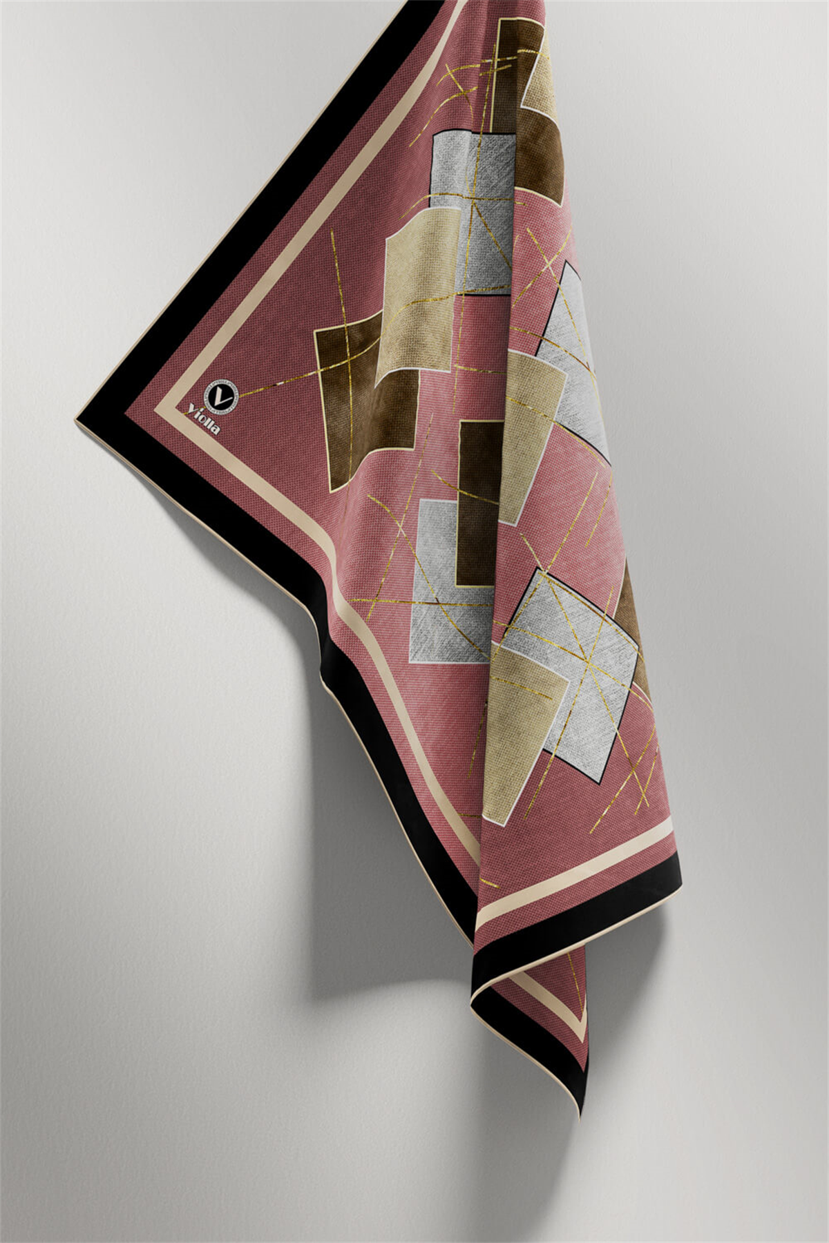 Twill Geometrik Desenli Pudra Renkli 90x90 Eşarp (İpek İçermez) Kenar Dikiş Şekli El Dikişli