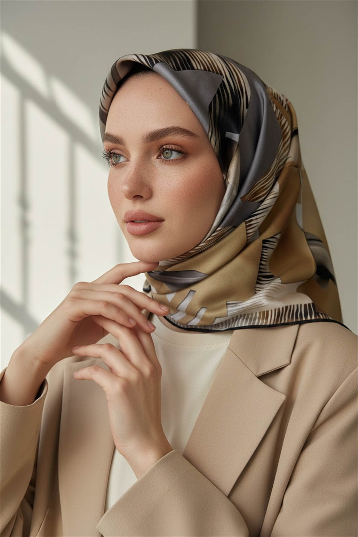 %100 Twill İpek Geometrik Desenli Gri - Bej Kabuğu Renkli 90x90 Eşarp Dikim Şekli : El Dikişi